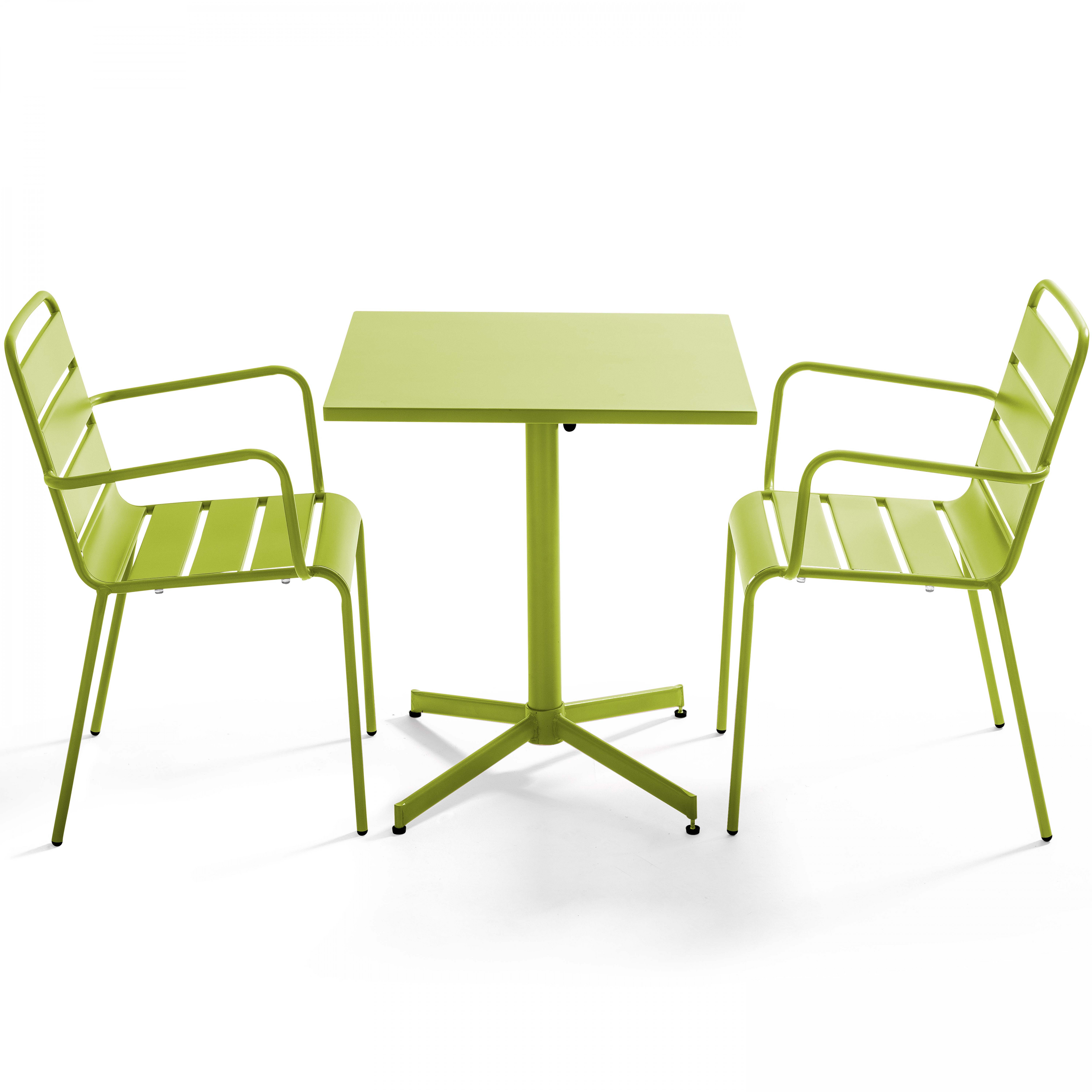 Table de jardin carrée et 2 fauteuils métal vert
