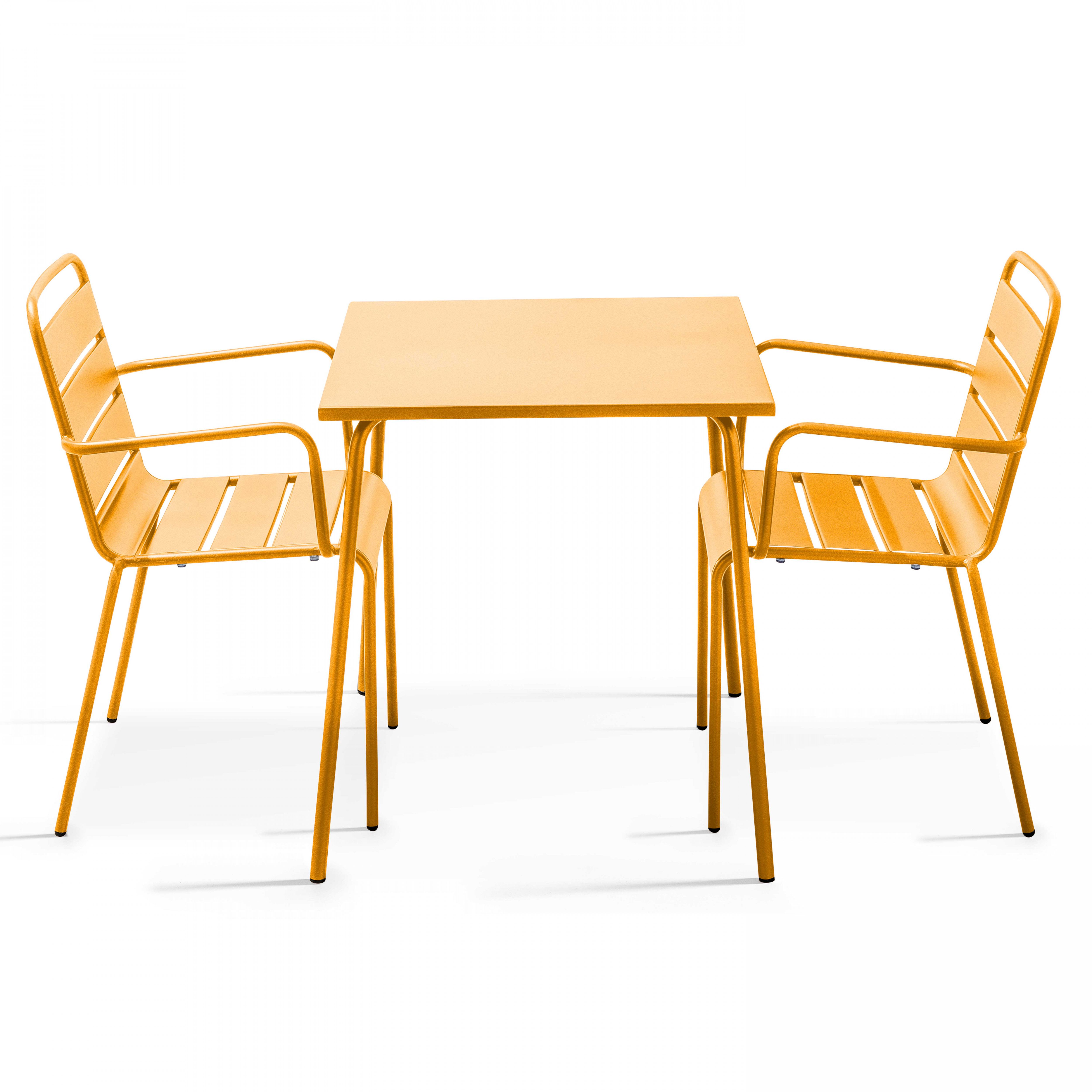 Table carrée et 2 fauteuils en acier jaune