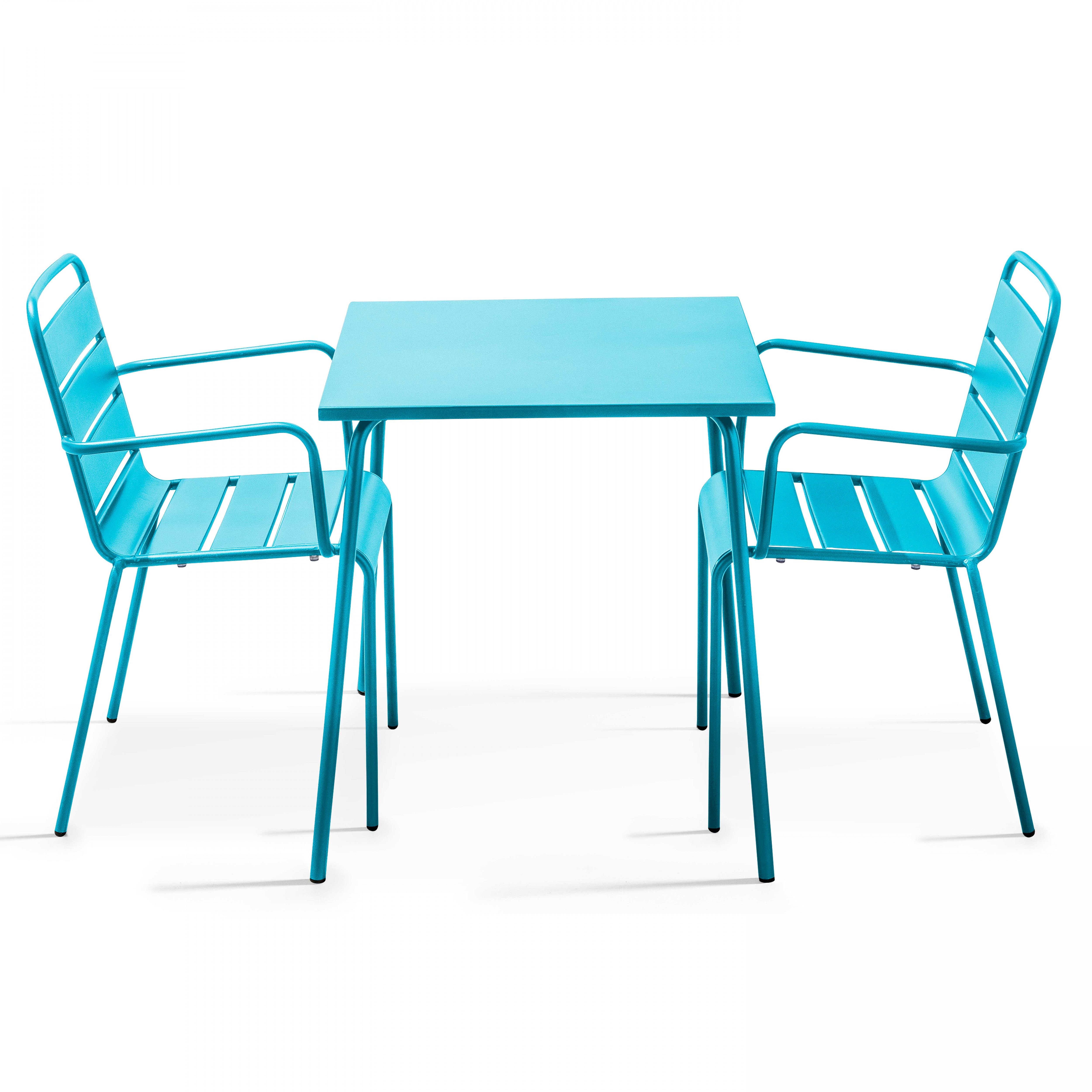 Table de jardin carrée et 2 fauteuils acier bleu
