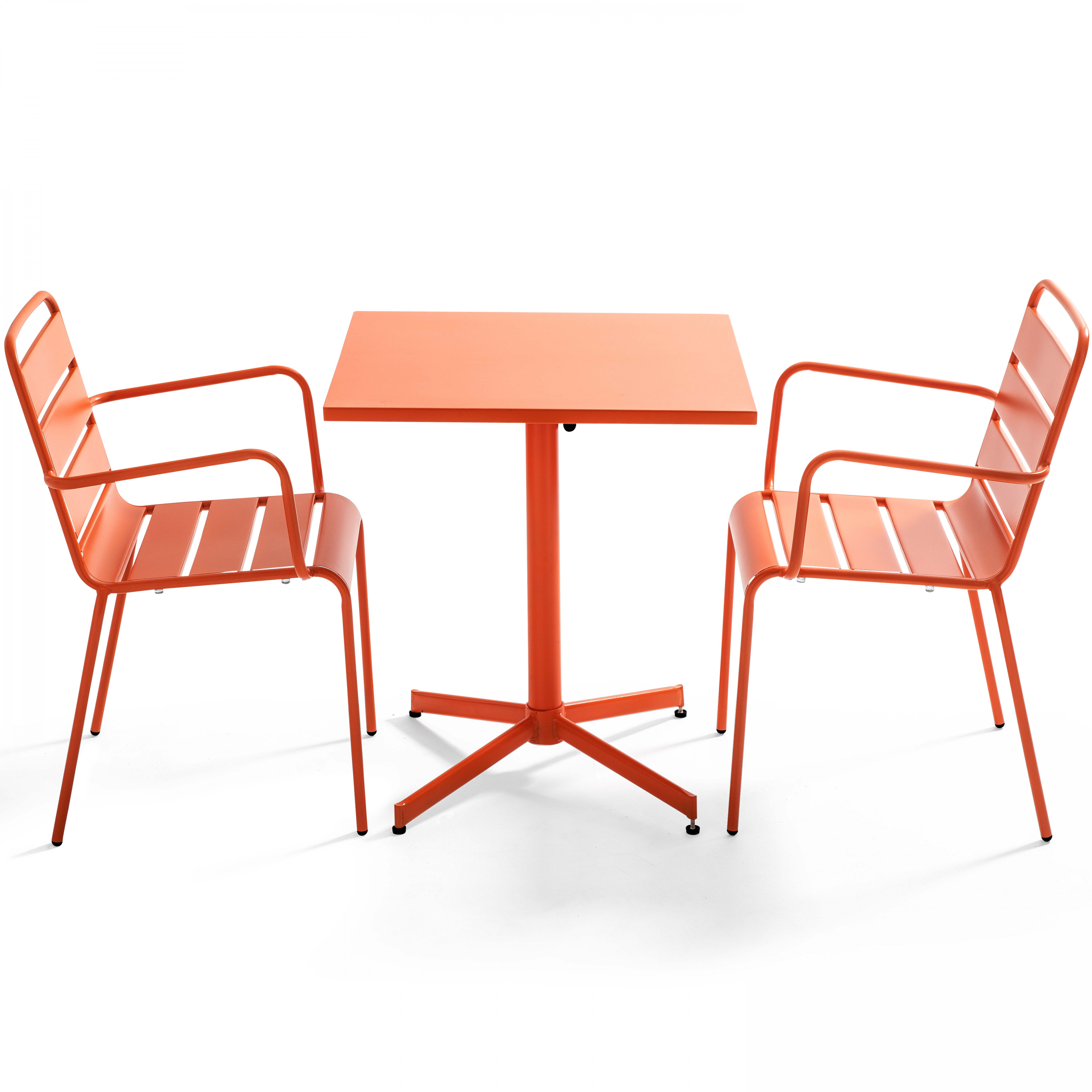 Table de jardin carrée et 2 fauteuils métal orange
