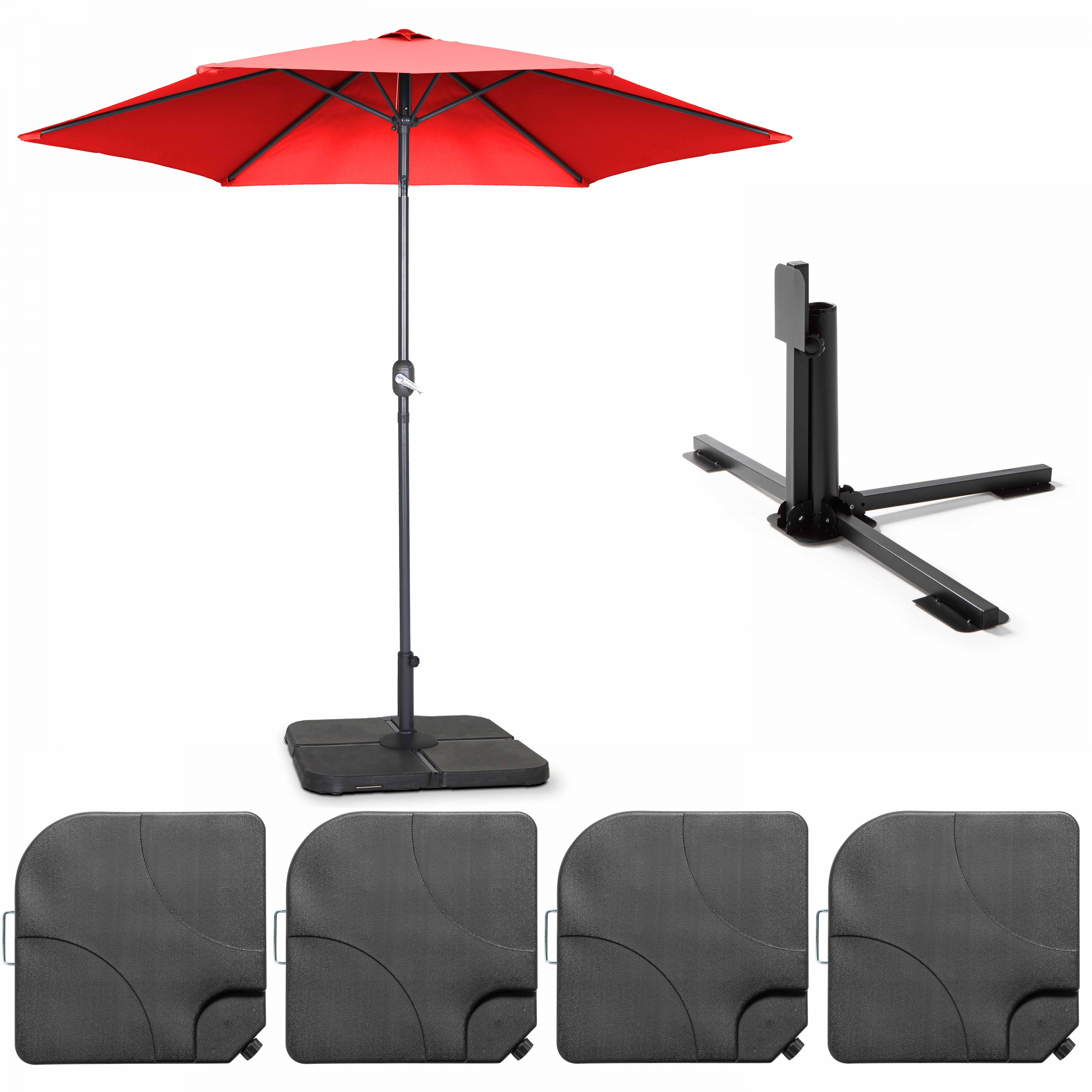 Parasol droit inclinable 3m et 4 dalles à lester remplissables rouge