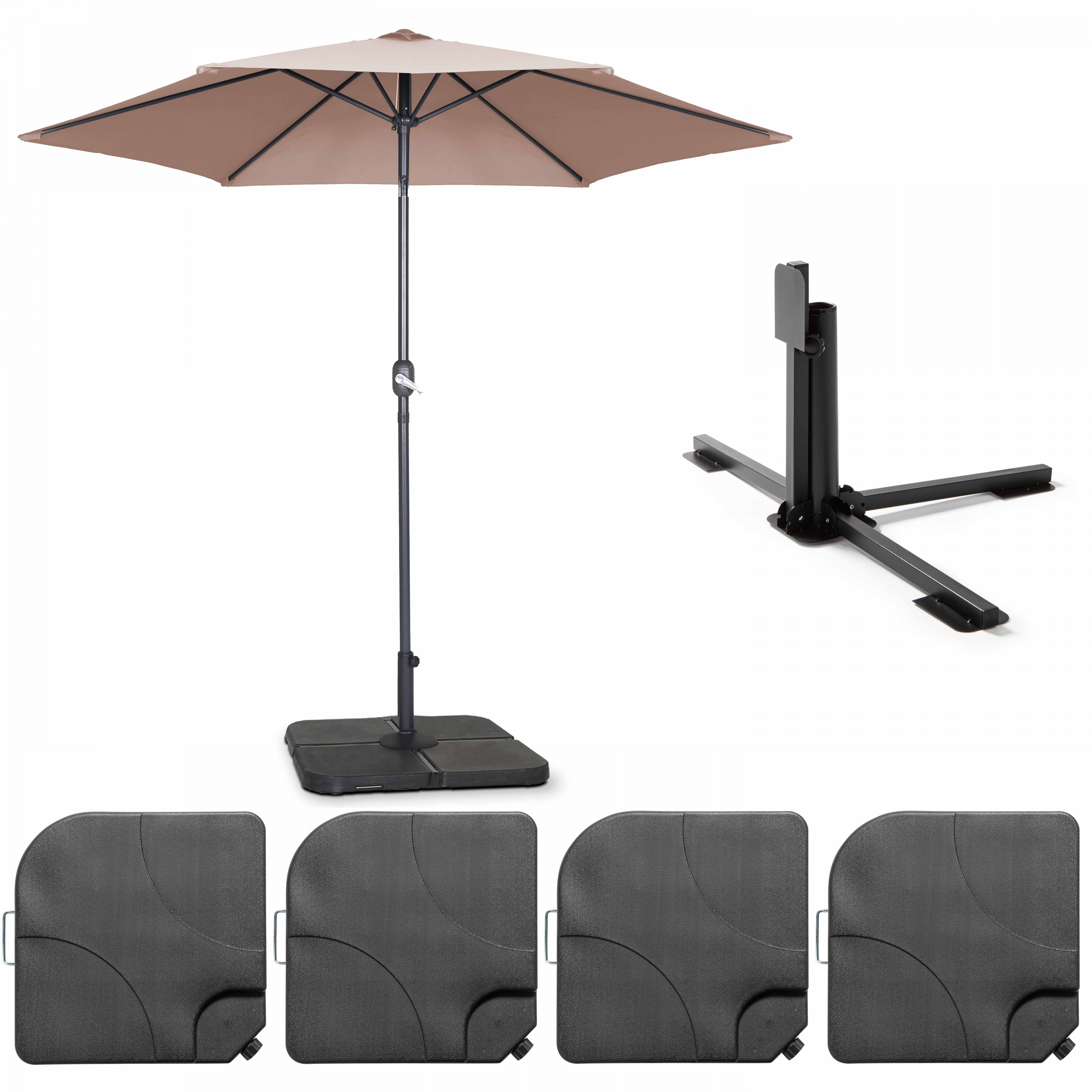 Parasol droit inclinable 3m et 4 dalles à lester remplissables taupe