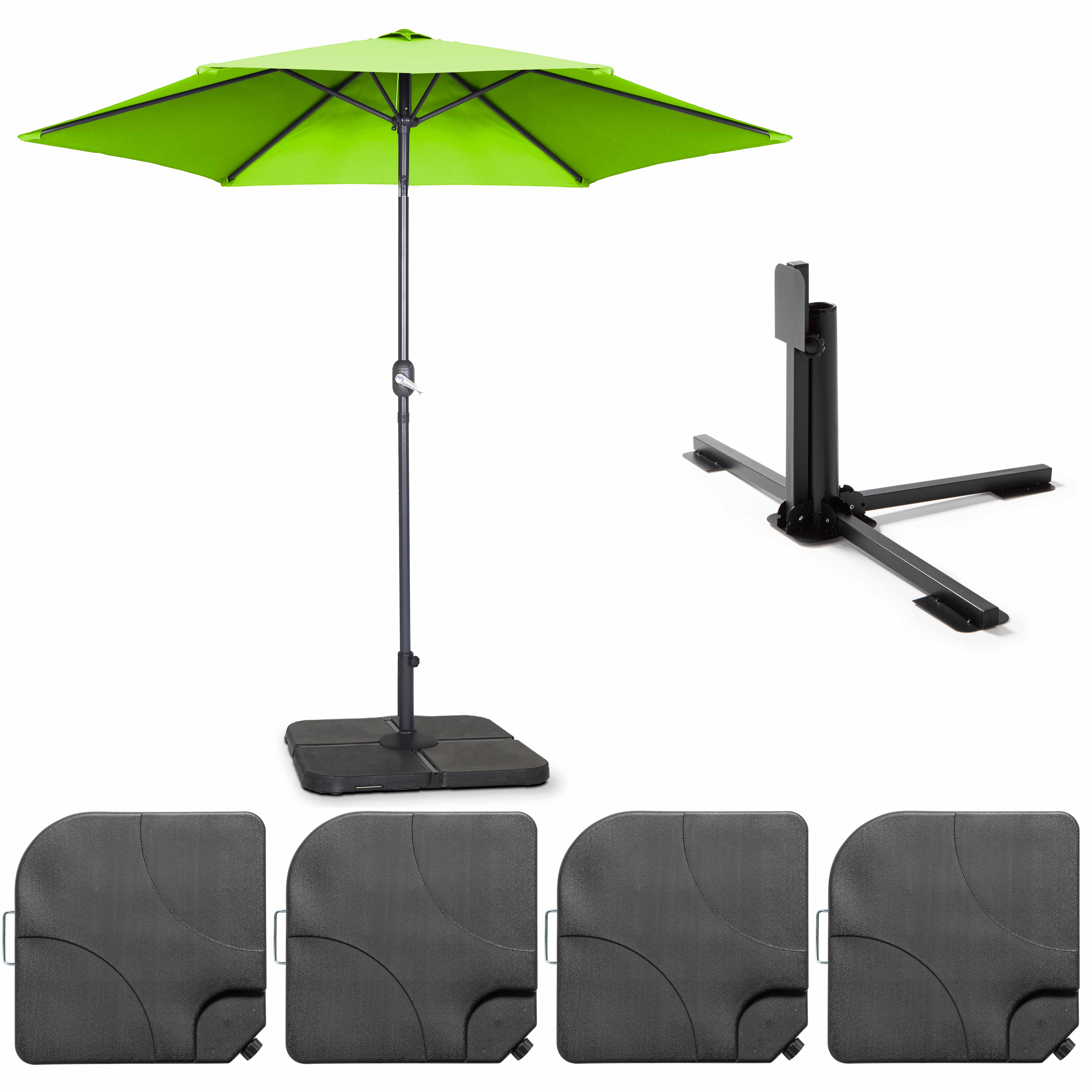 Parasol droit inclinable 3m et 4 dalles à lester remplissables vert