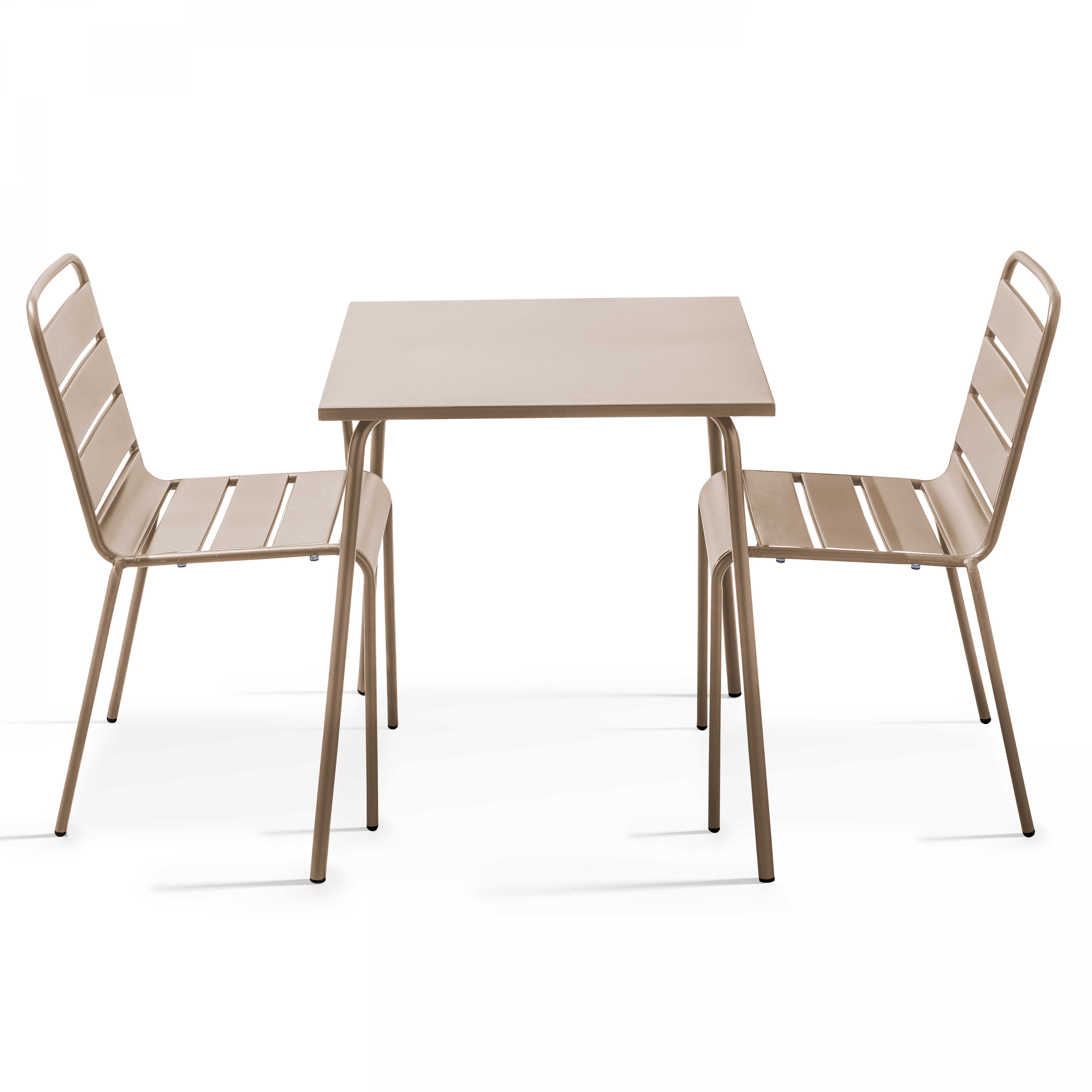 Table de jardin carrée et 2 chaises acier taupe
