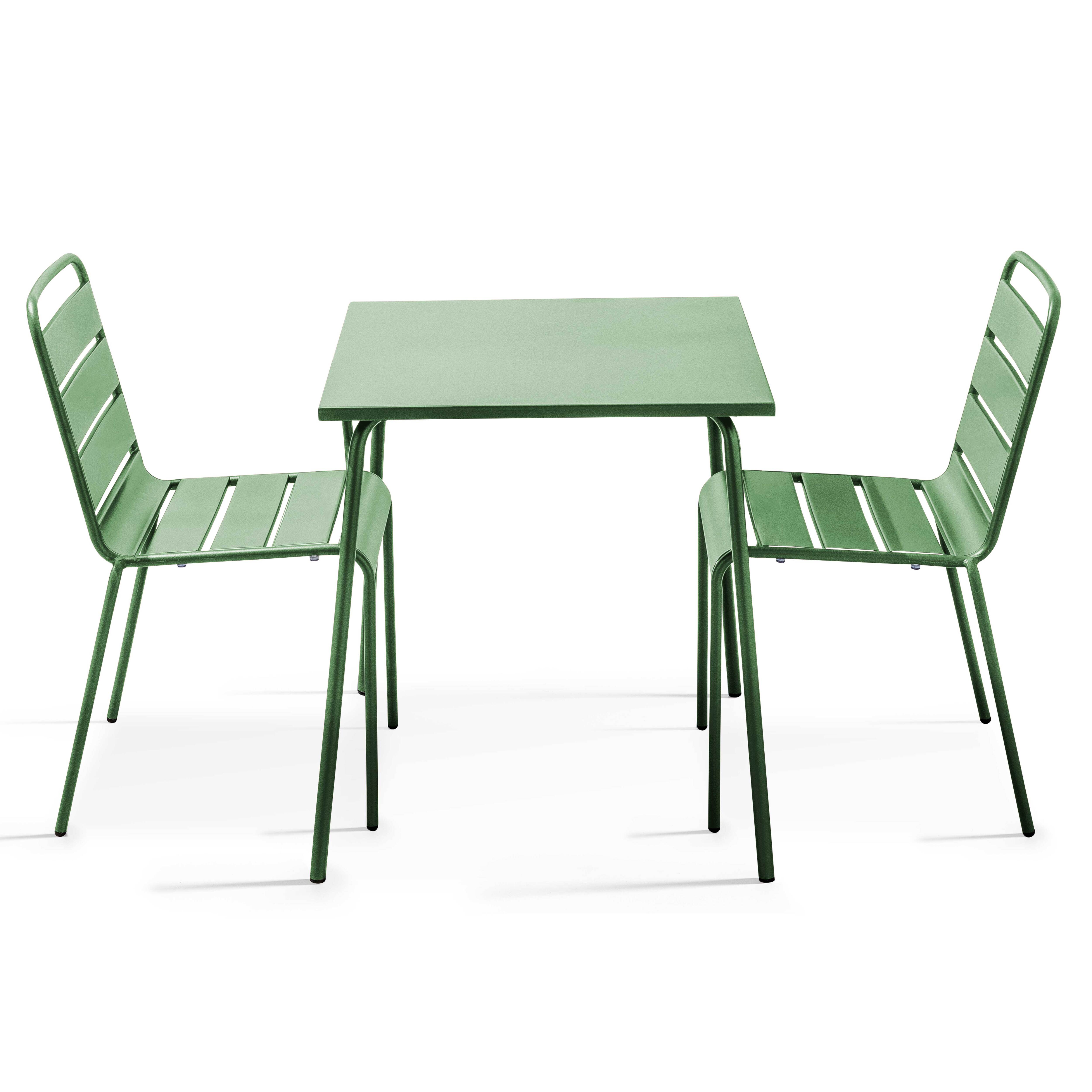Table de jardin carrée et 2 chaises acier vert cactus