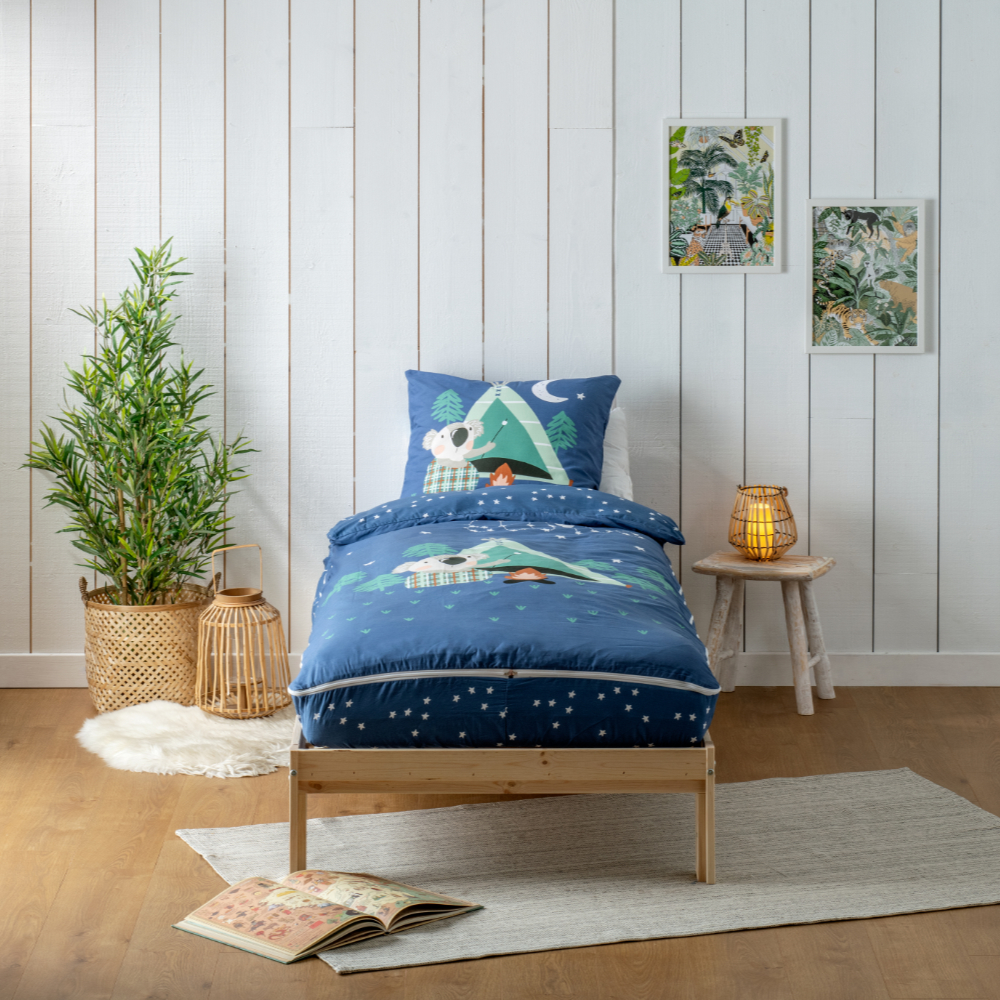 Parure de lit enfant bleue sans couette motif koala 90x190cm