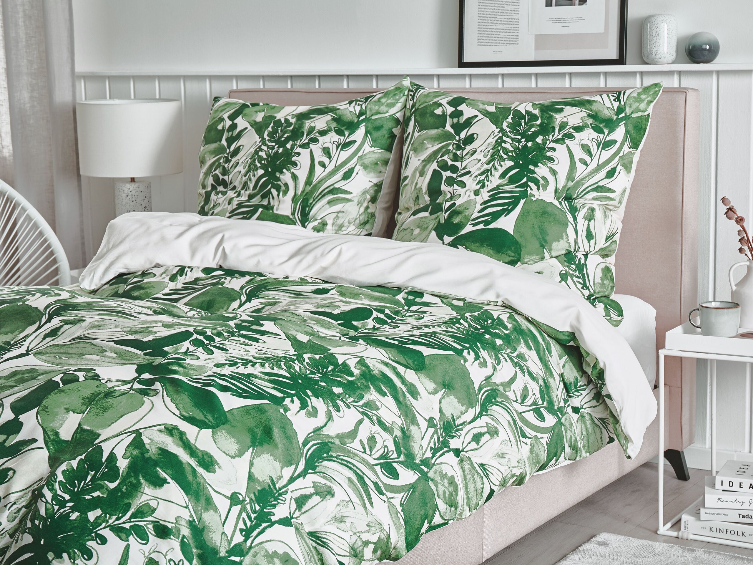 Parure de lit motif feuillage vert et blanc 155 x 220 cm