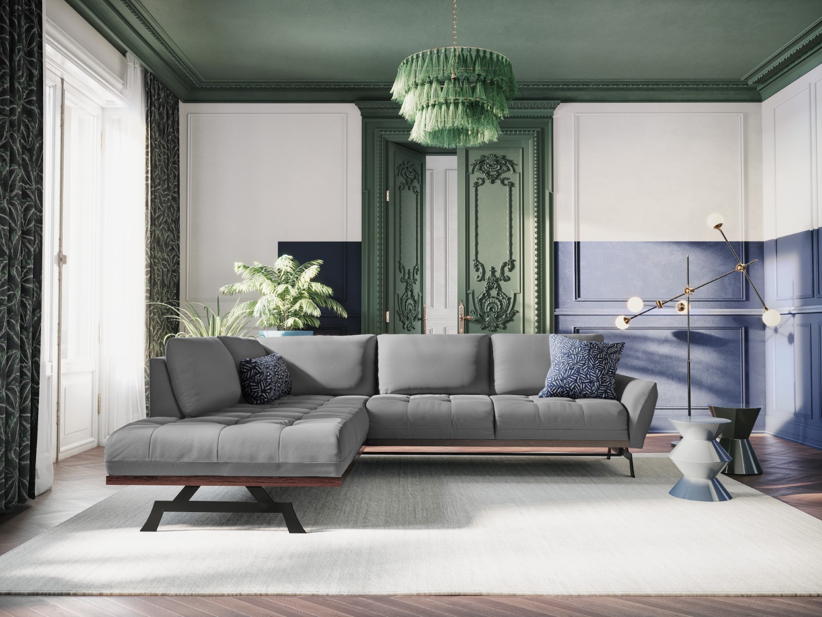 Canapé d'angle convertible 5 places en tissu structuré gris - Vue supplémentaire 2