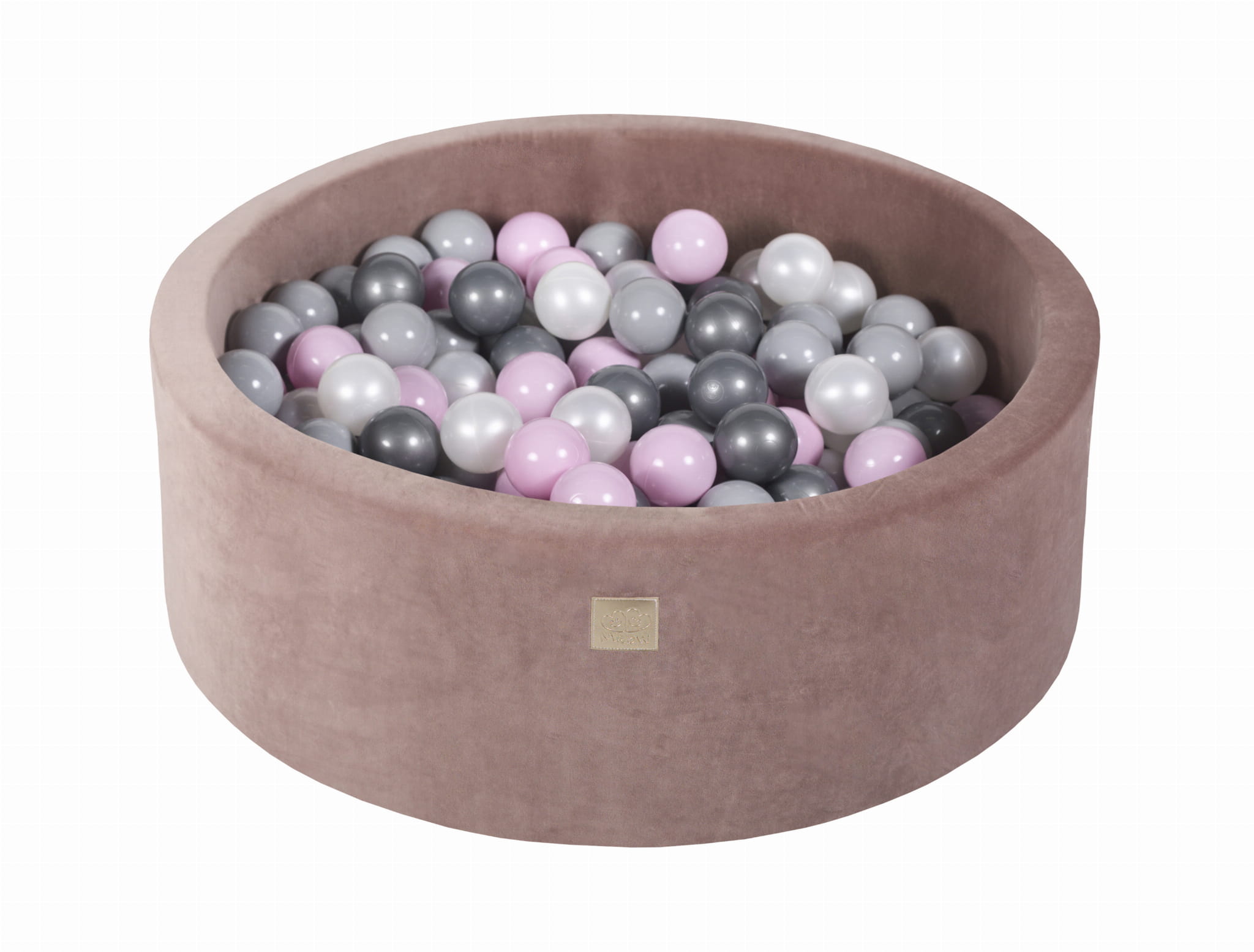 Piscine en velours beige à balles roses, perles et grises H30cm