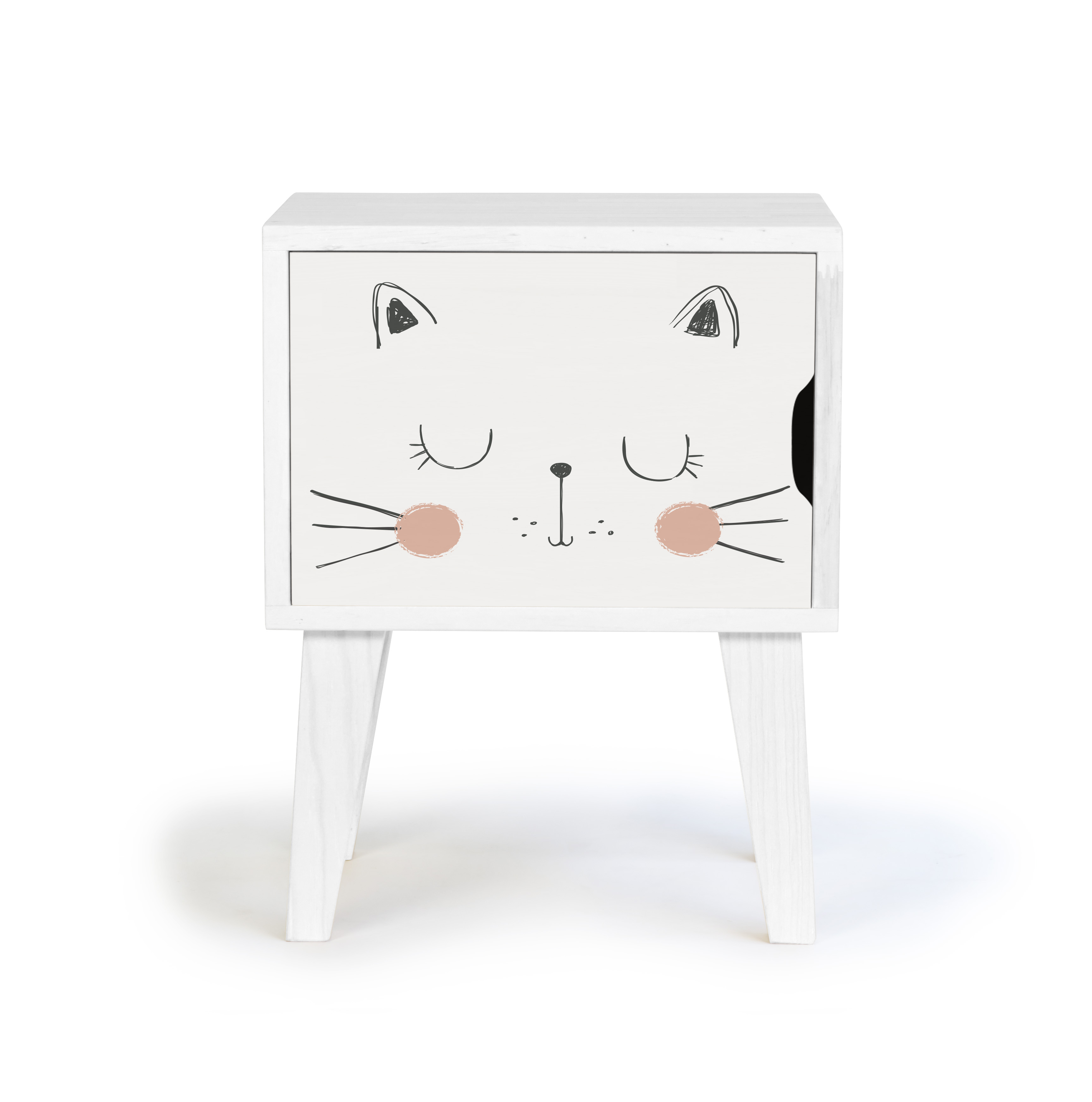 Table de chevet en pin pour enfant dessin de chat