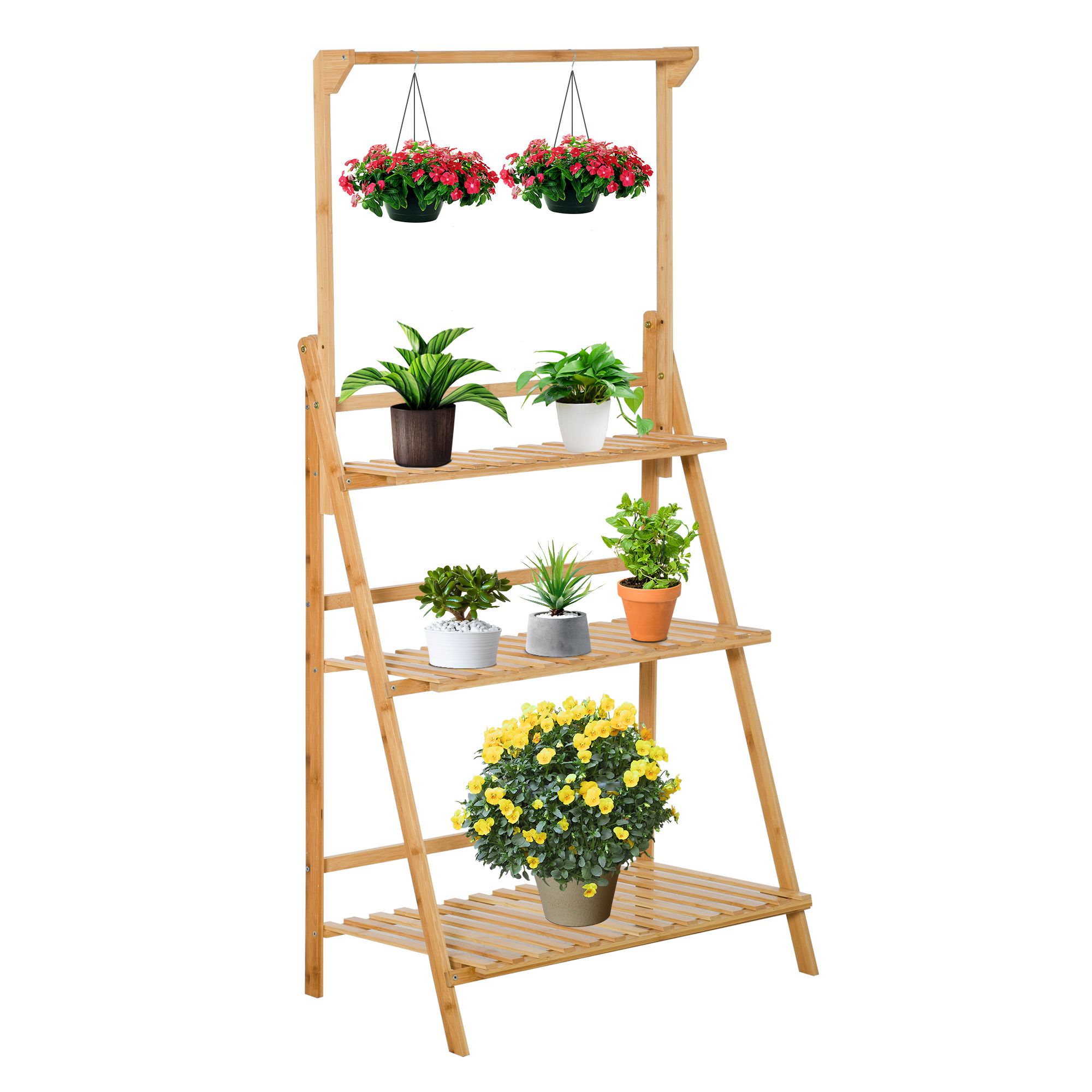 Étagère échelle à fleurs en bois de bambou 3 étagères + barre support