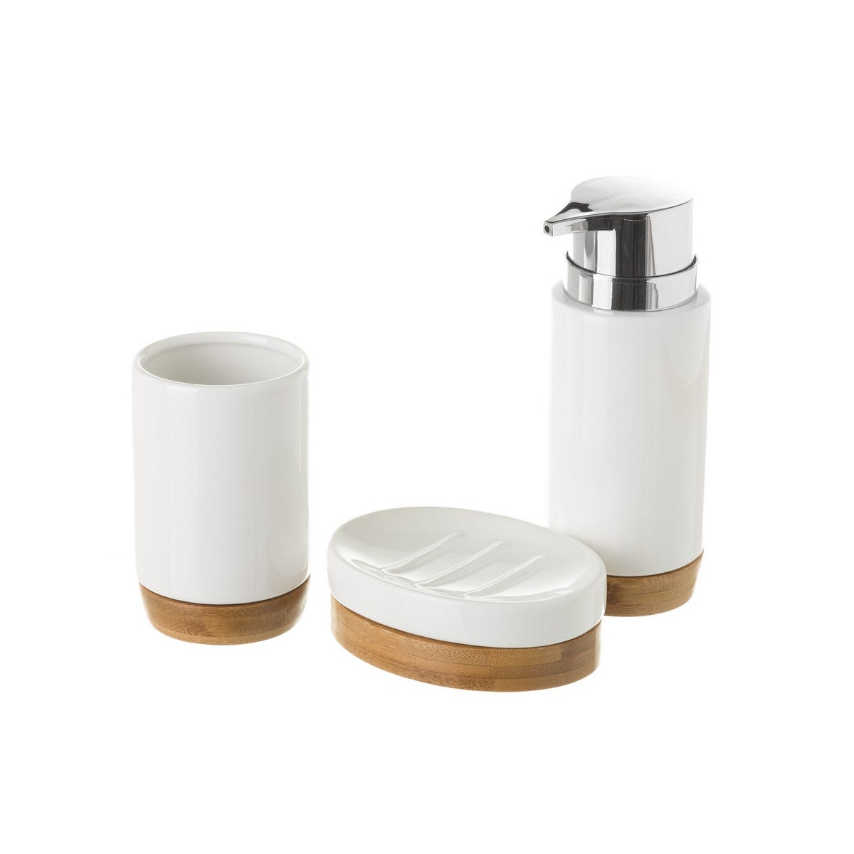 Set salle de bain céramique blanche et bambou - 3 pièces