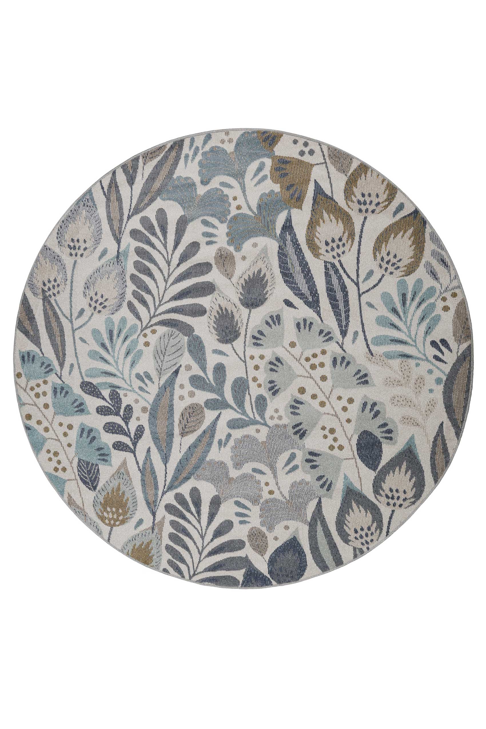 Tapis rond exterieur thème floral bleu beige en polypropylène 120D