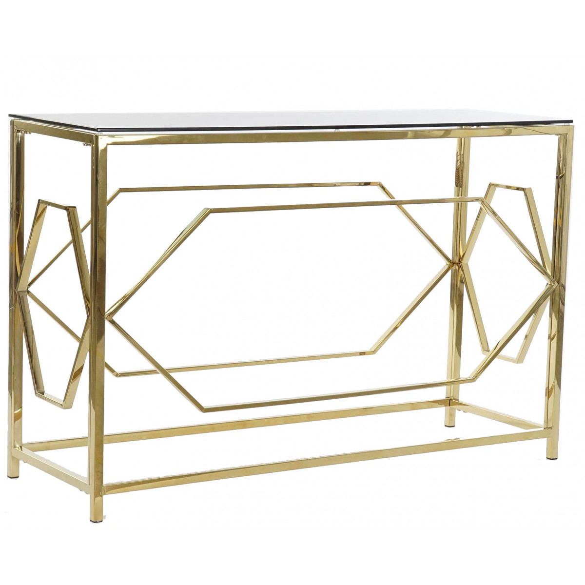 Console métal doré et plateau en verre – 120x40x78cm
