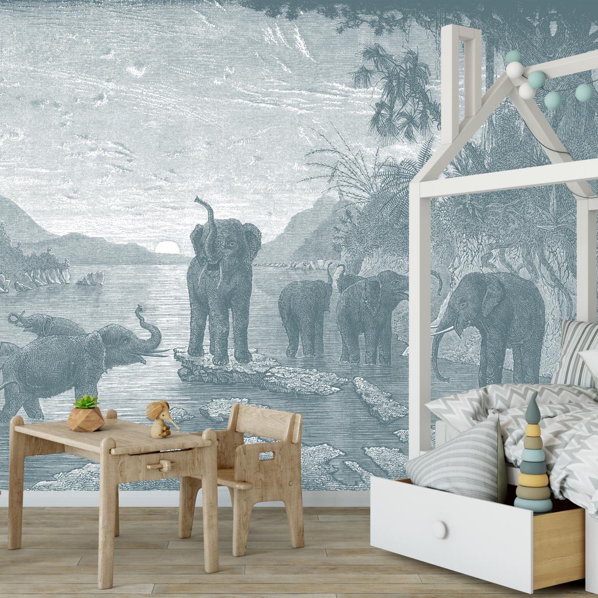 Papier peint panoramique gravure les éléphants 390x270cm