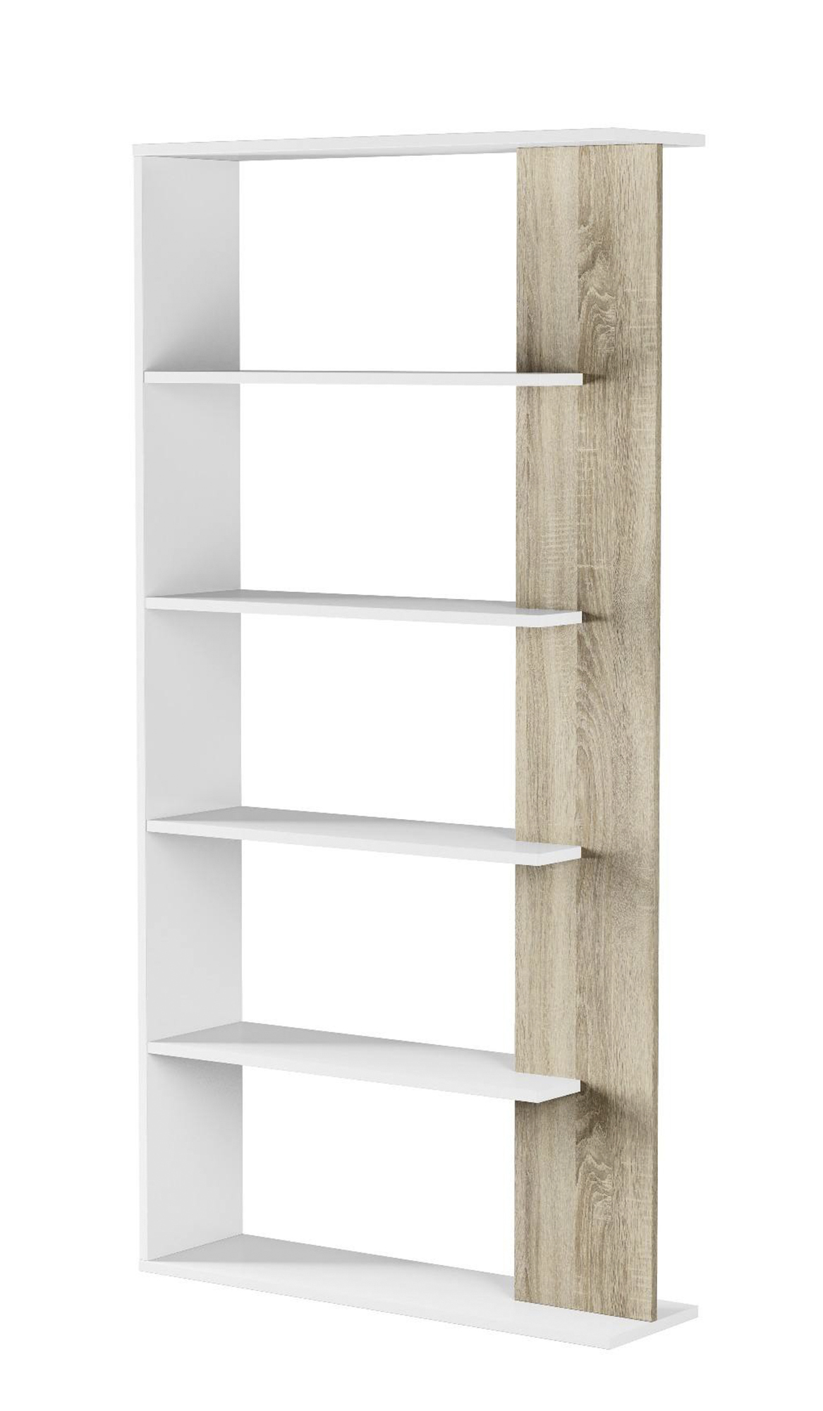 bibliothèque avec 5 étagères en blanc et effet bois chêne