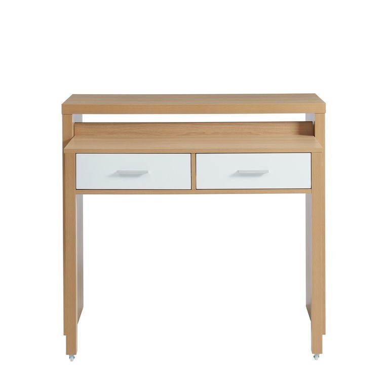 bureau extensible   blanc et effet chêne 2 tiroirs bois clair et blanc