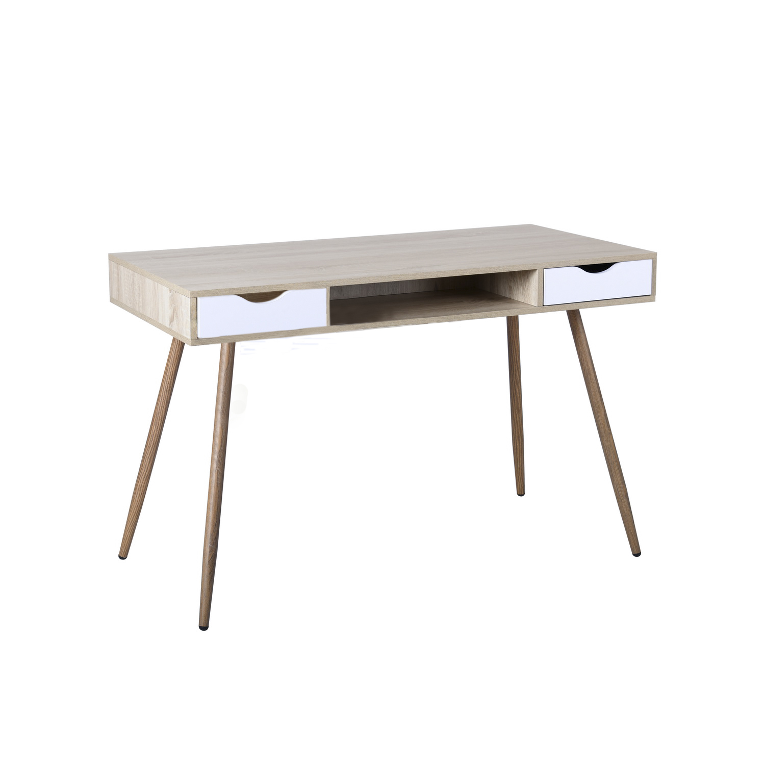 bureau console à tiroirs au style scandinave blanc et bois