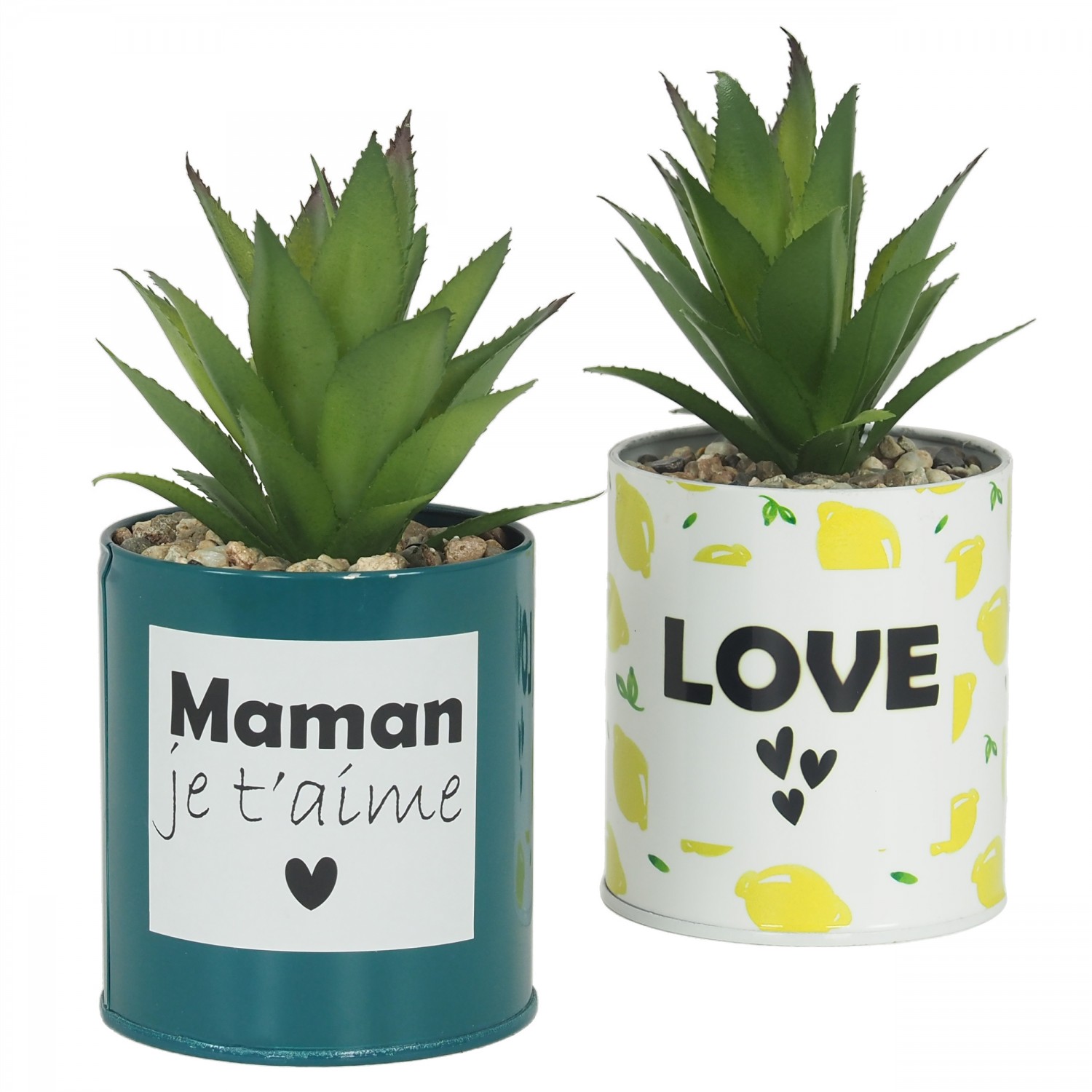 2 Succulentes Artificielles, Pot Métal à Messages, H.17cm 2 Succulentes Artificielles, Pot Métal à Messages, H.17cm