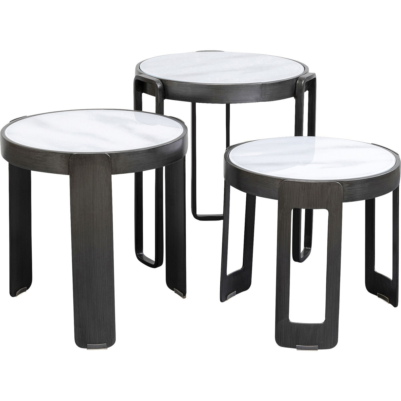 3 tables basses en verre effet marbre blanc et acier noir