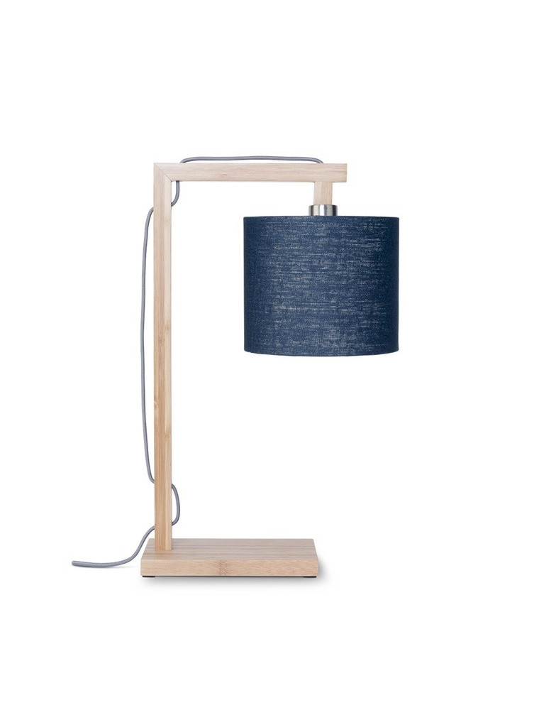 Lampe de table en bambou abat-jour en lin bleu denim, h. 47cm