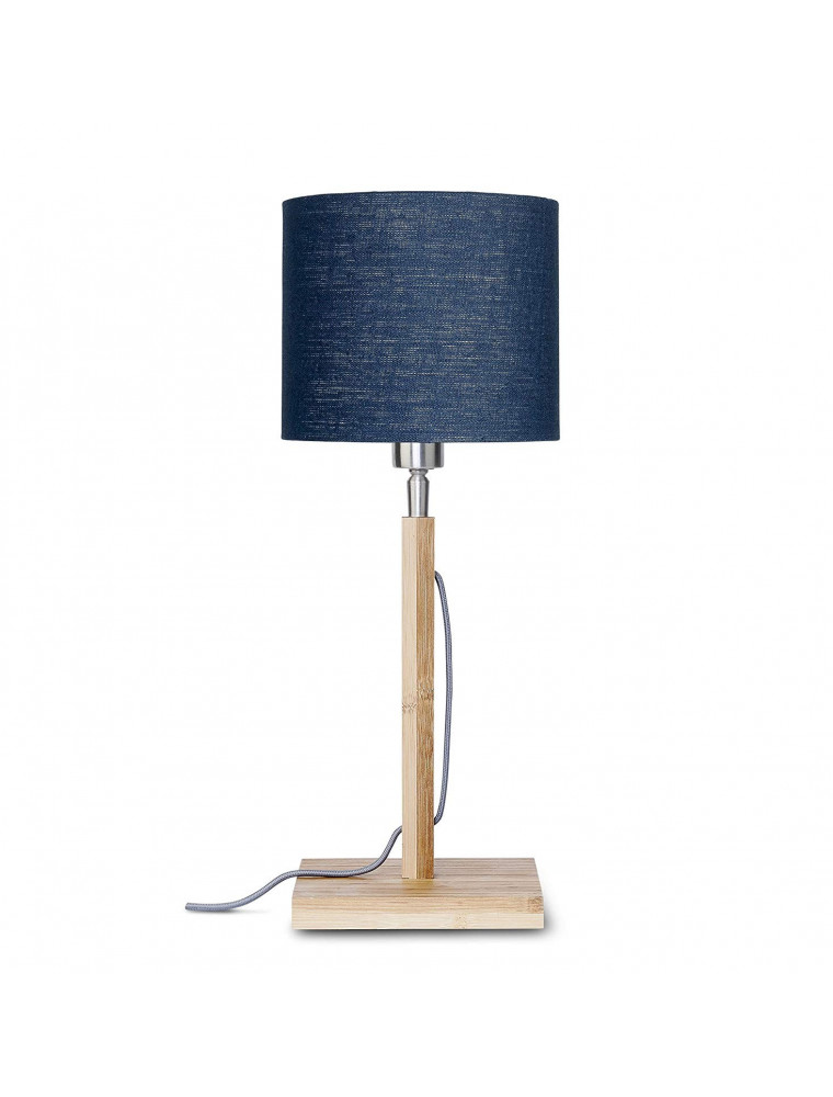 Lampe de table en bambou abat-jour en lin bleu denim, h. 59cm