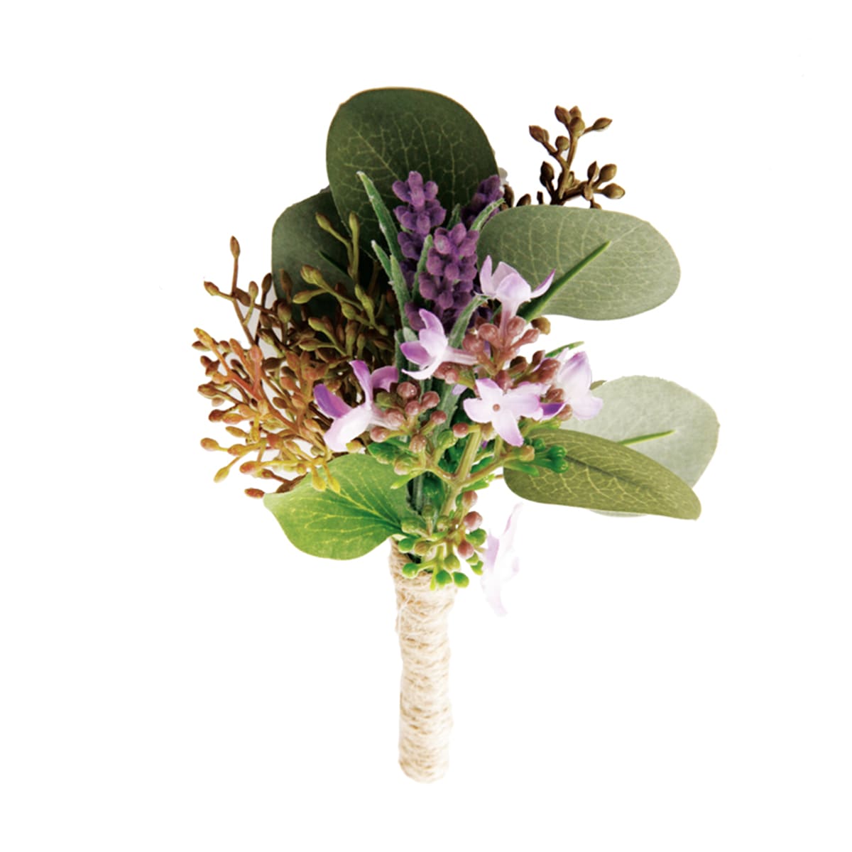 Boutonnière lavande et d'eucalyptus artificielle violet et vert H15