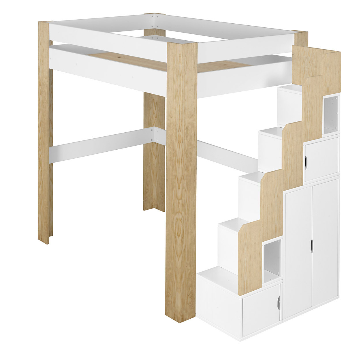 Lit mezzanine avec bureau, bois massif, 140x190, blanc et bois