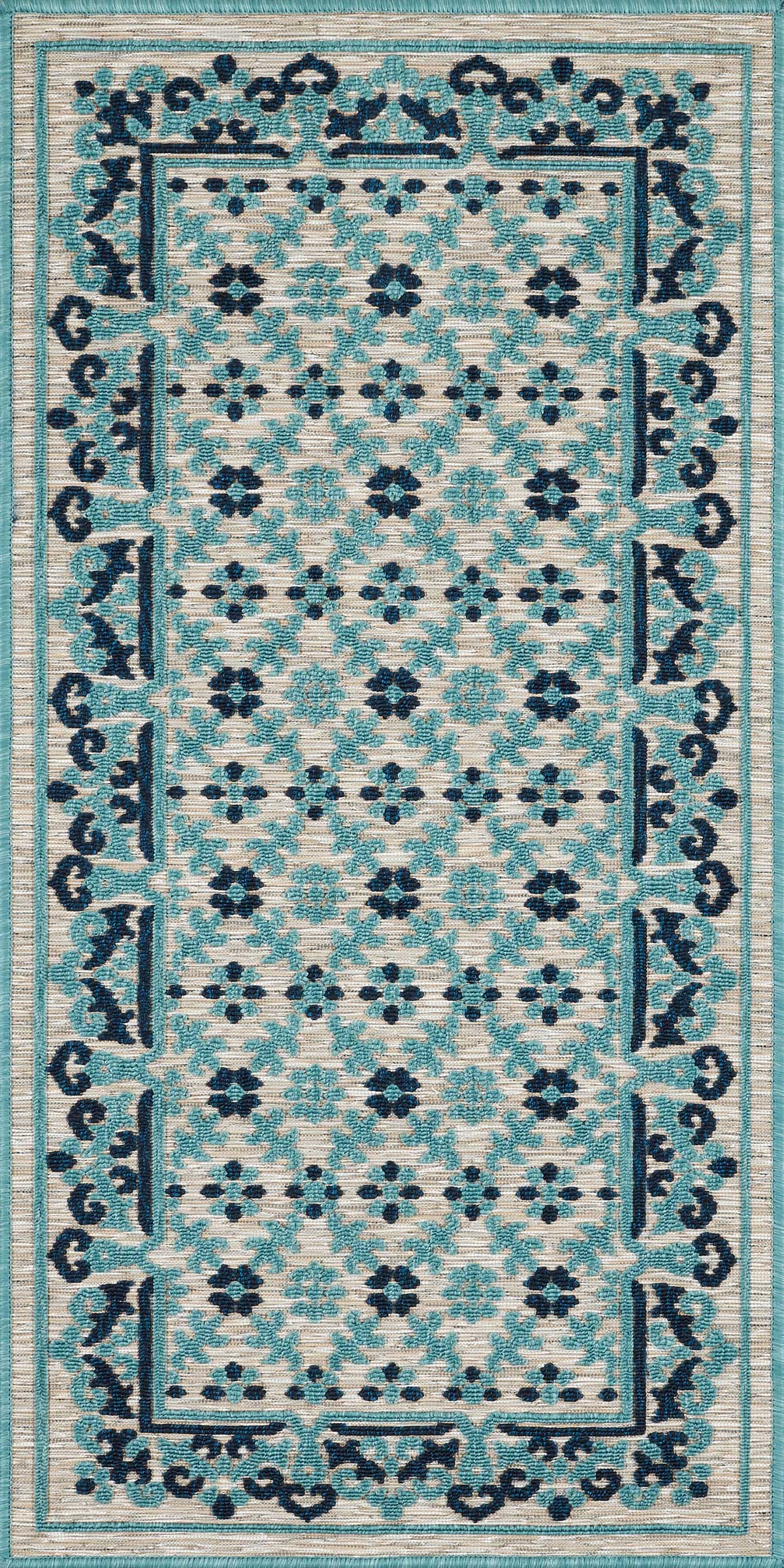 Tapis intérieur et extérieur motif ottoman bleu et gris 70x140