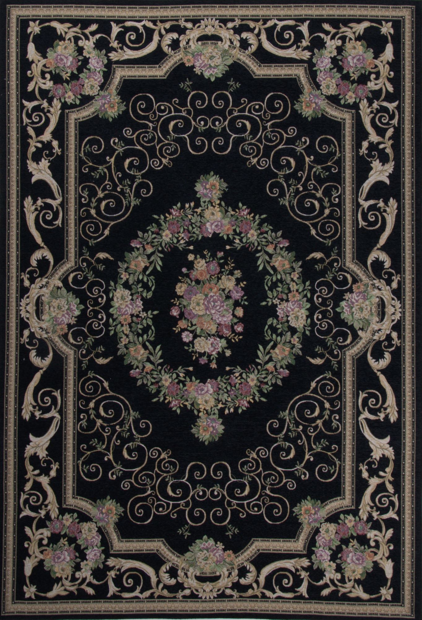 Tapis aubusson floral tissé plat - Noir 70x120 cm