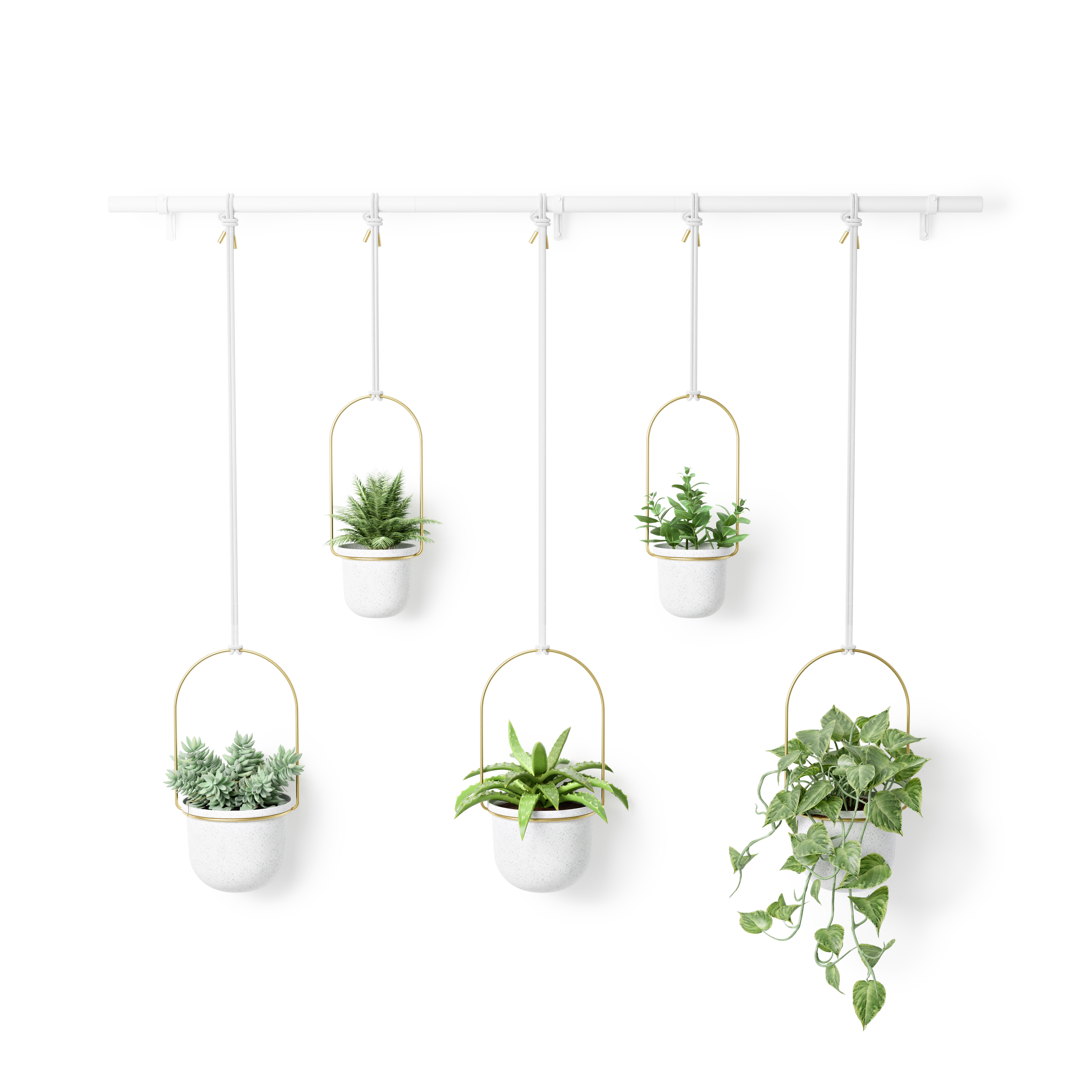 Ensemble de 5 pots de fleurs à suspendre en mélamine blanc et doré