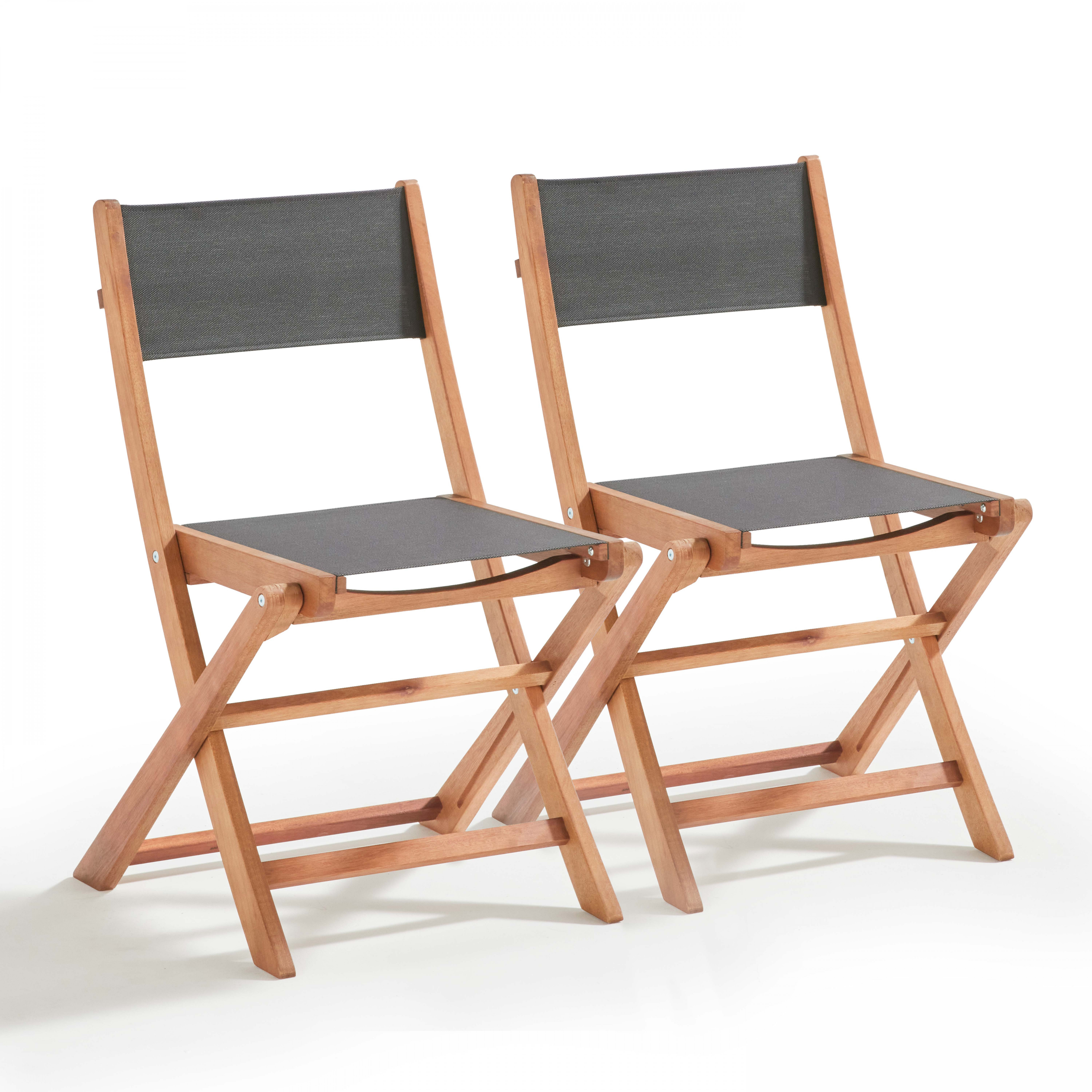 Lot de 2 chaises pliantes en bois d'eucalyptus et textilène noir