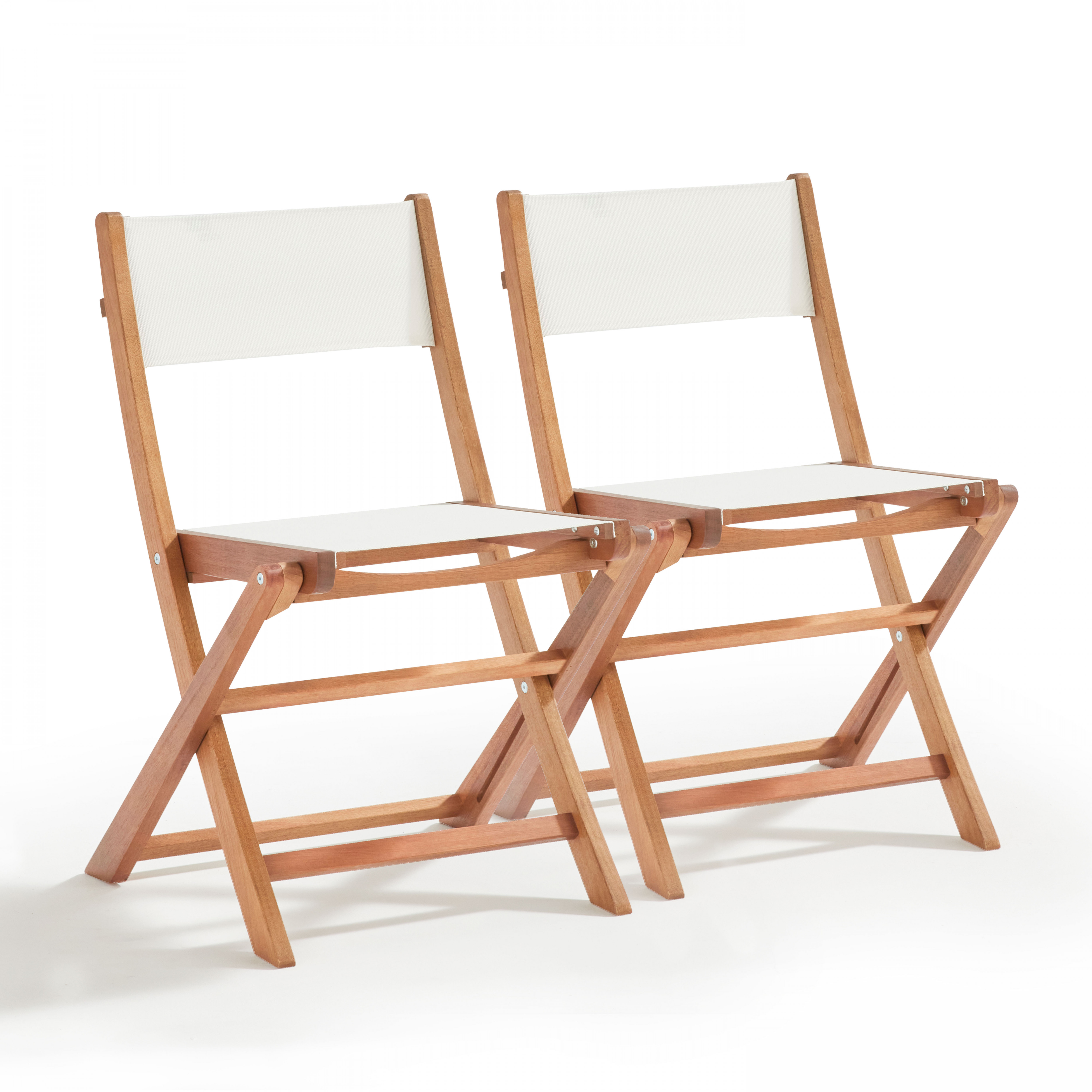 Lot de 2 chaises pliantes en bois d'eucalyptus et textilène blanc