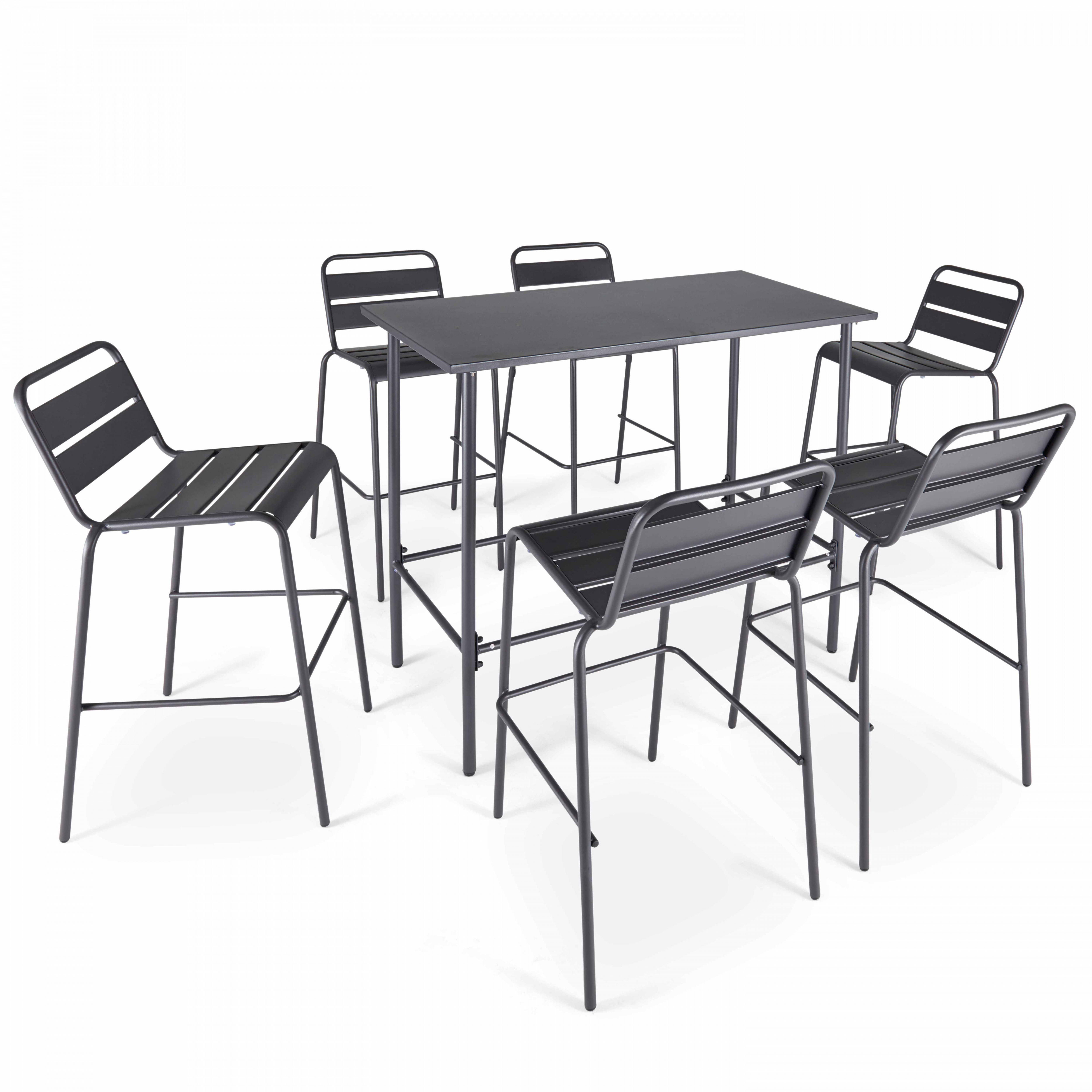 Ensemble table haute de jardin et 6 chaises en métal gris