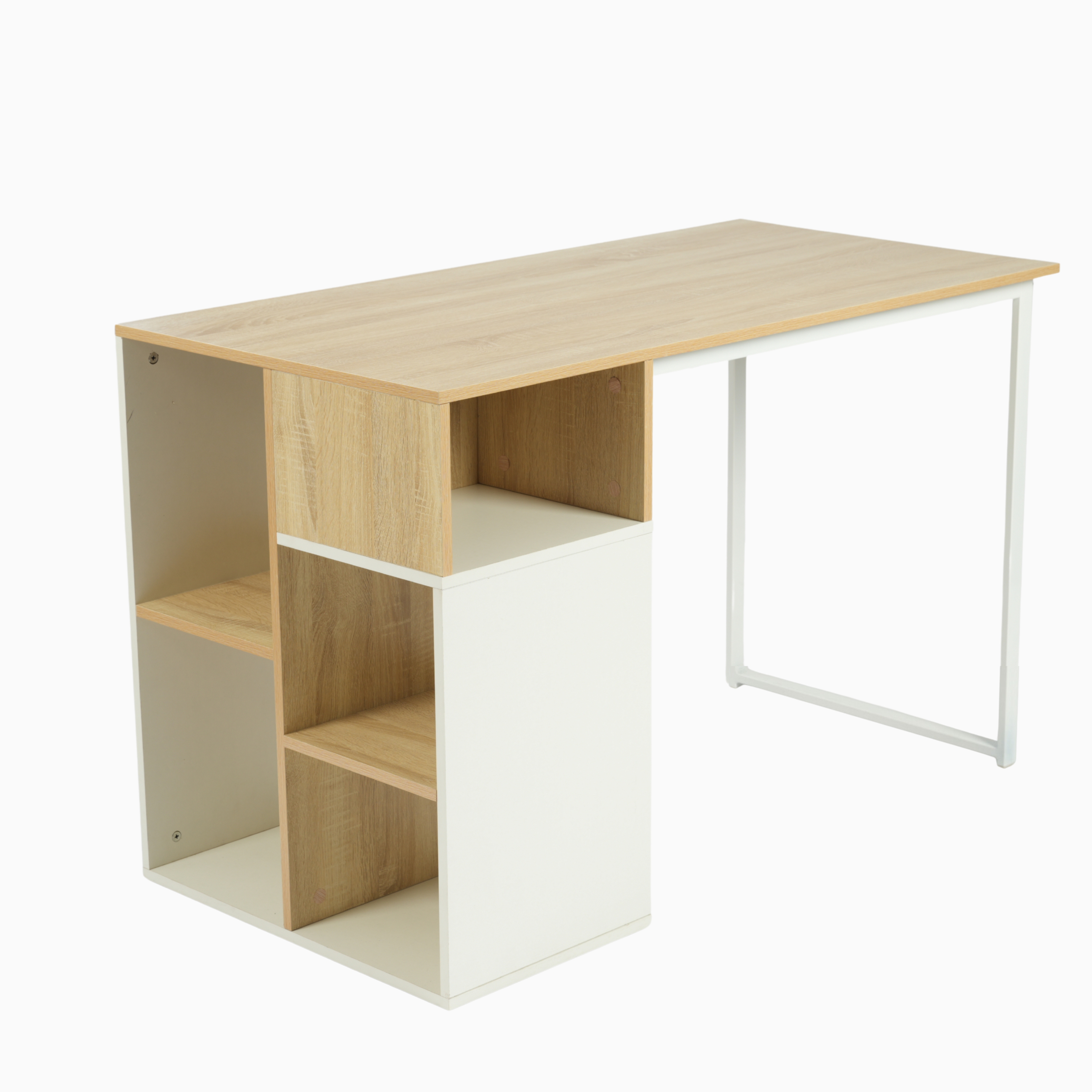 bureau moderne avec cinq étagères blanc et bois de chêne