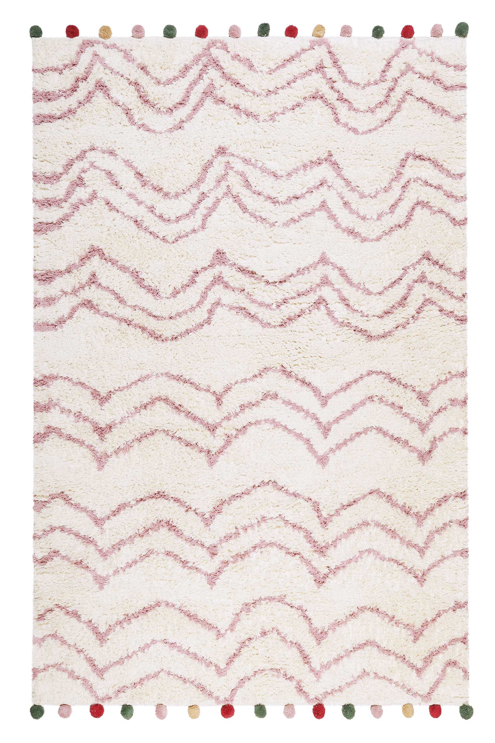 Tapis fait main en coton beige et rose à pompons 80x150