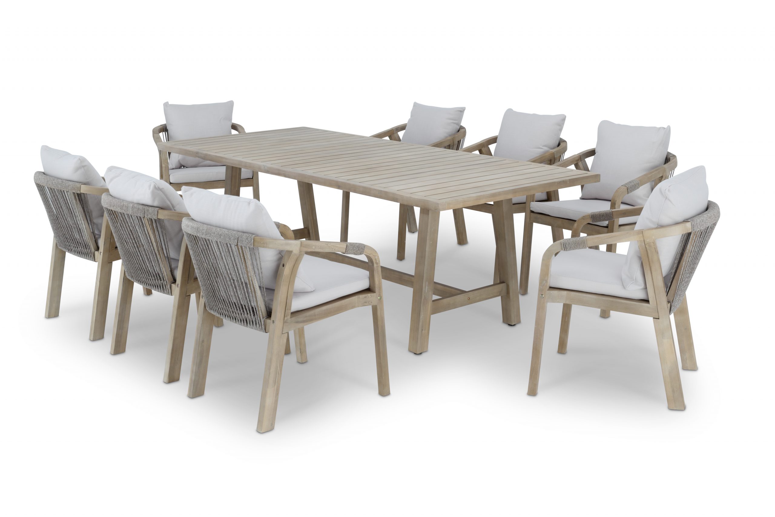 Ensamble table de jardin 230×100 cm et 8 chaises bois et corde