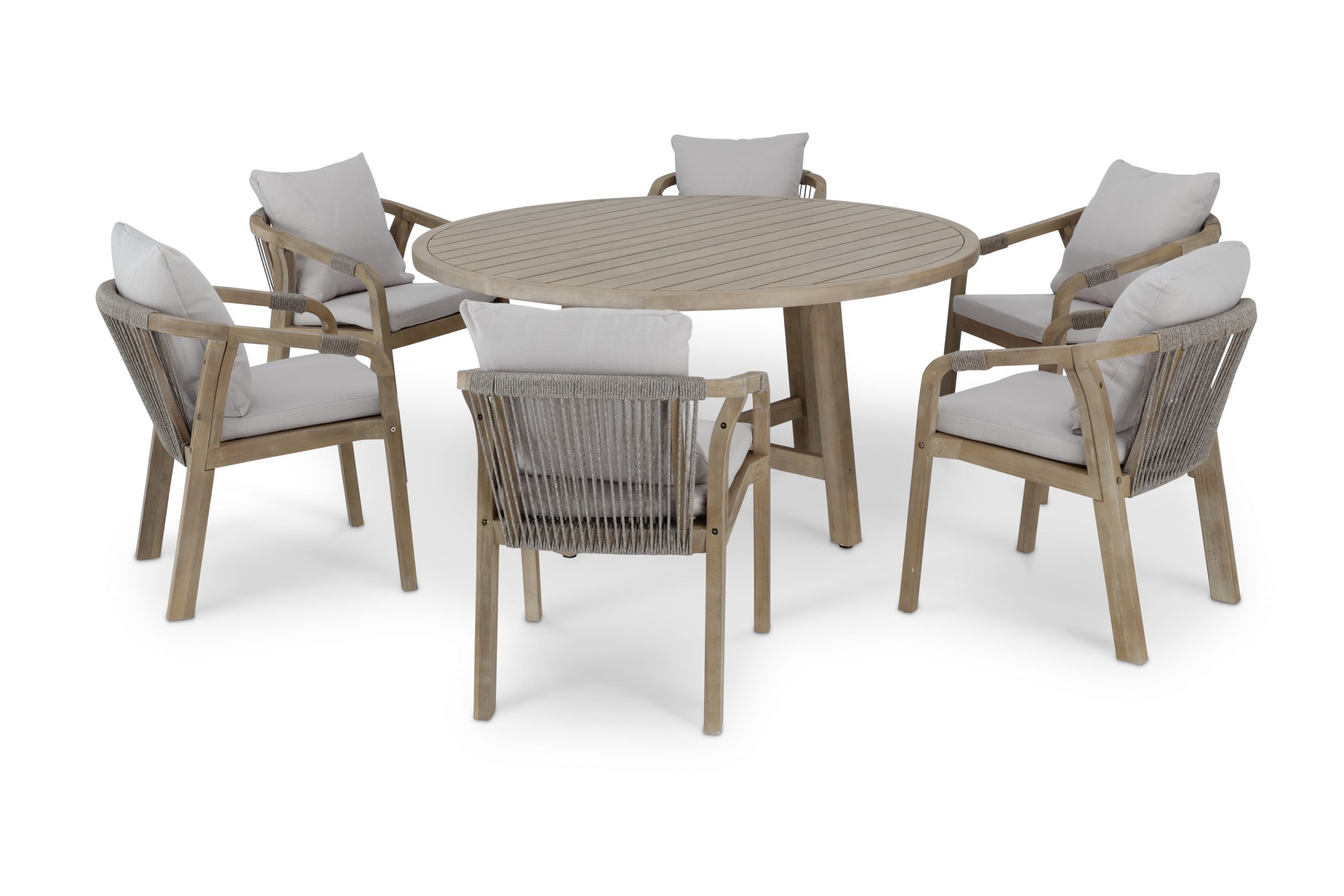 Ensemble de table ronde D1,5m et 6 chaises en bois et en corde tressée