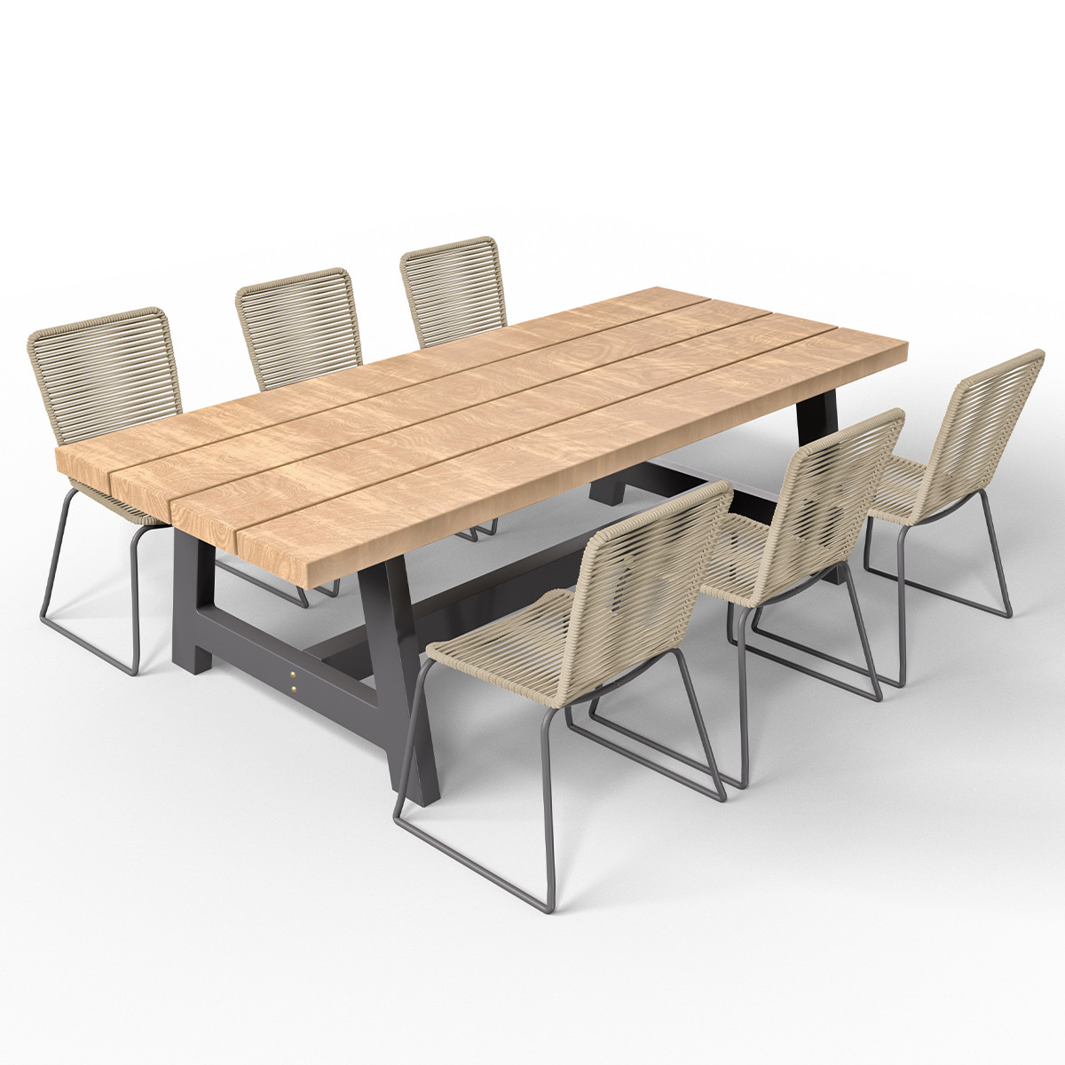 Ensemble table à manger en bois 240cm + 6 chaises en acier et corde