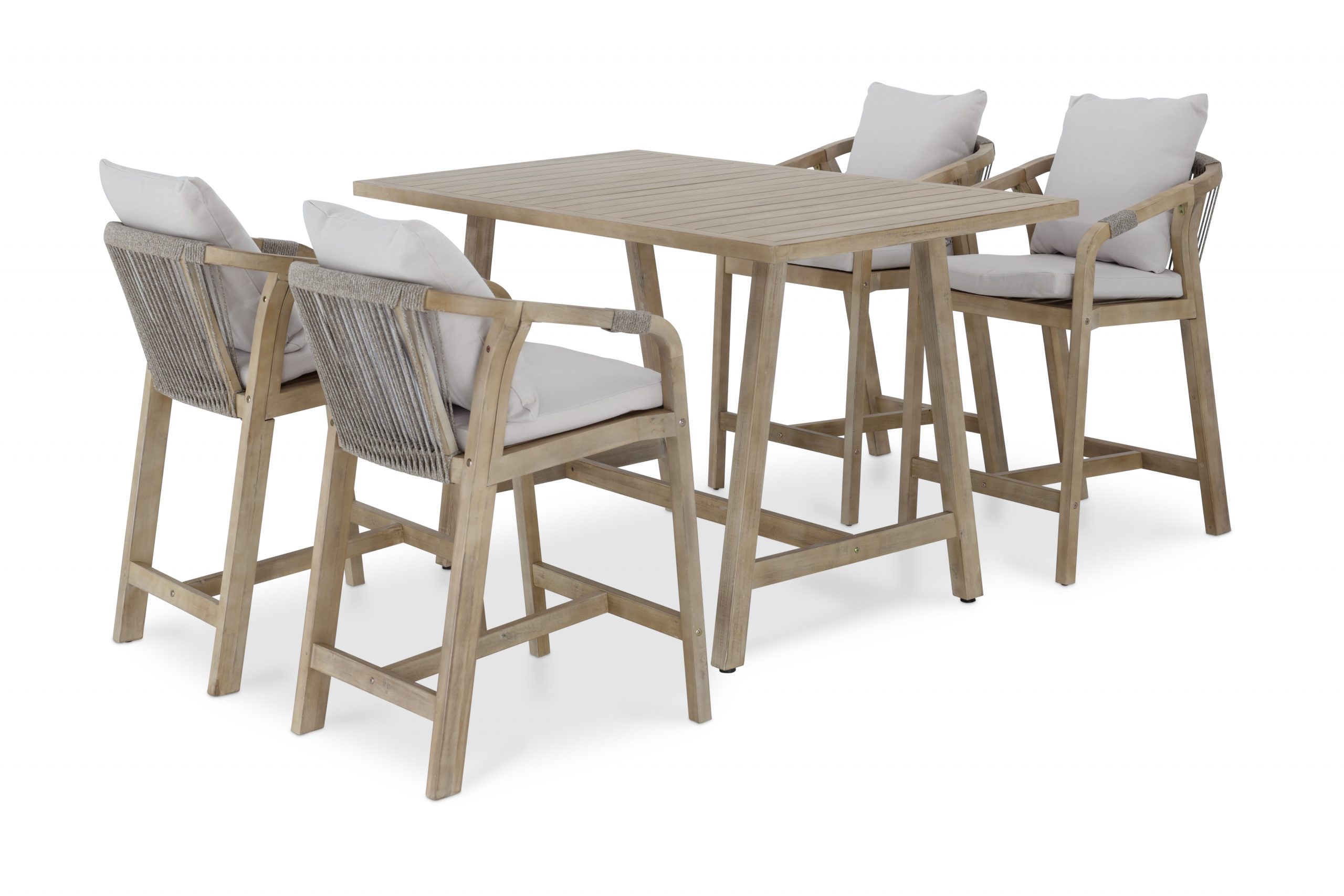 Ensemble de table bar et 4 tabourets en acacia avec corde tressée