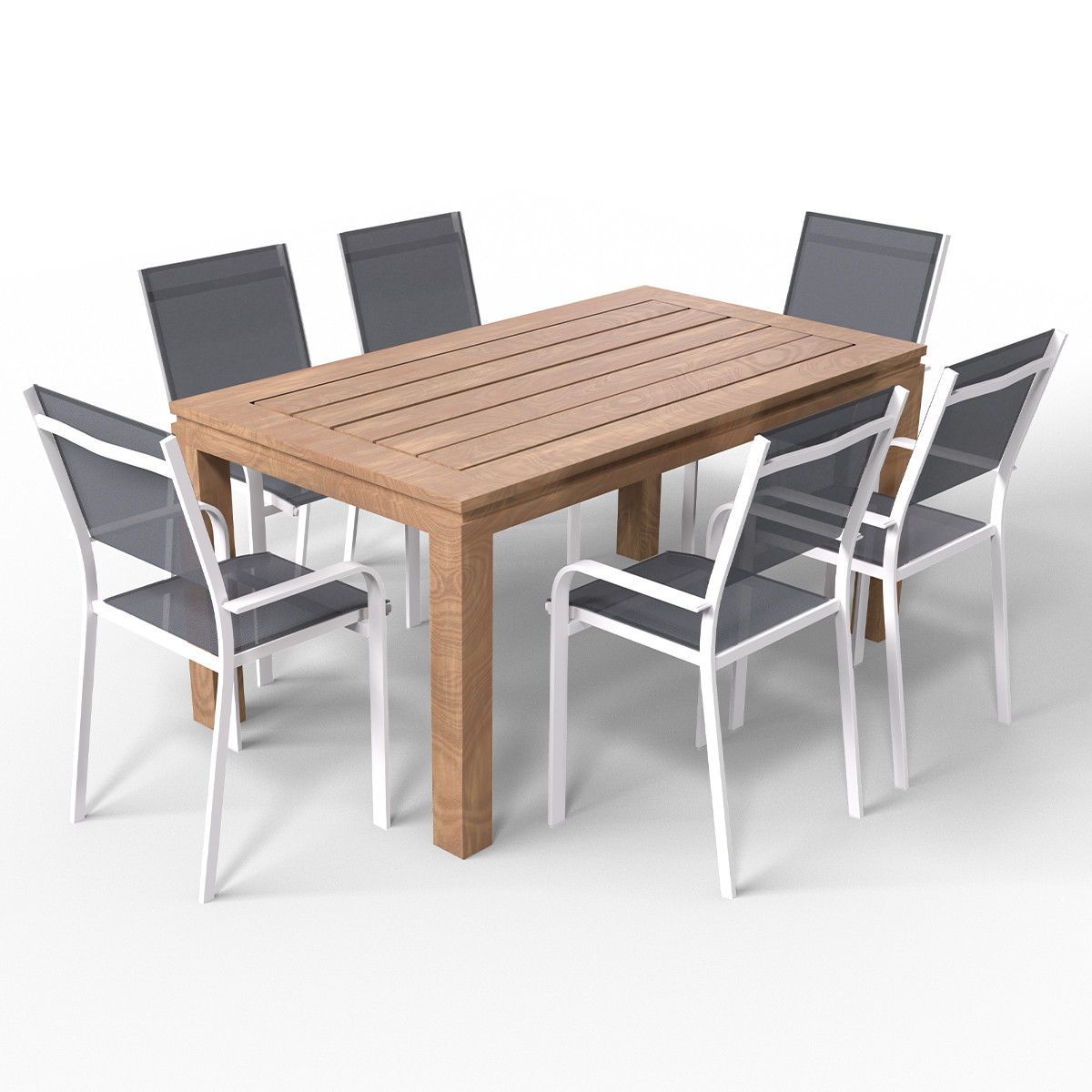 Ensemble table à manger en bois 160cm + 6 chaises en aluminium blanc