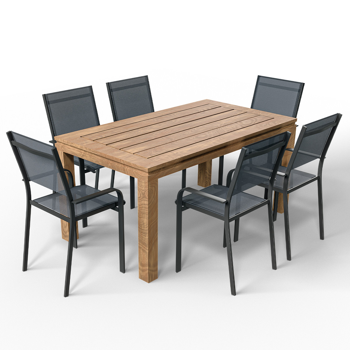 Ensemble table à manger en teck 160cm + 6 chaises en aluminium gris