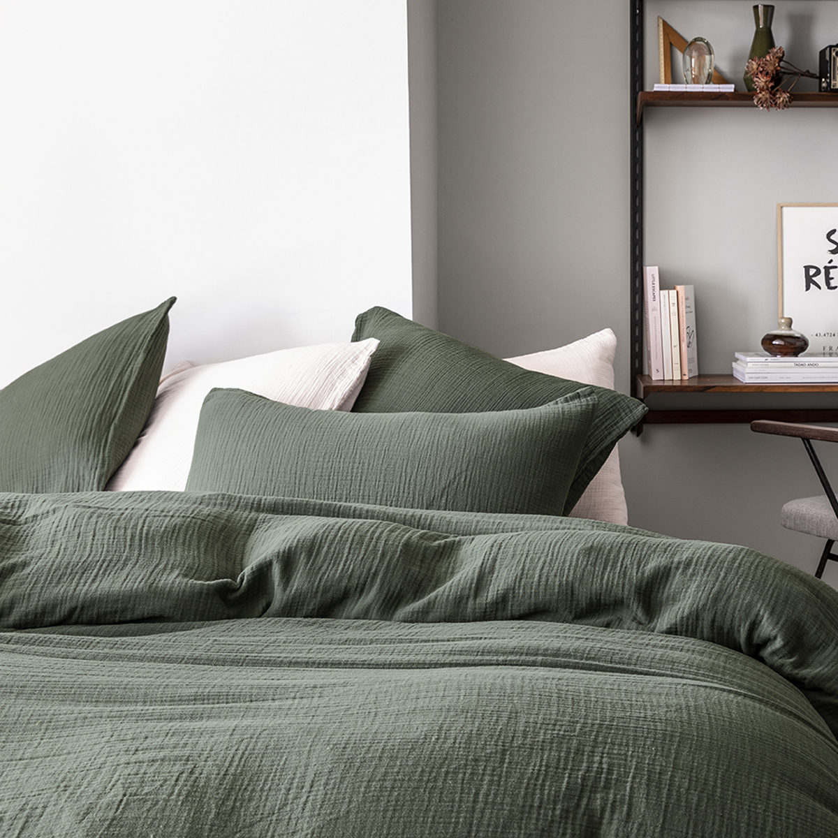 Housse de couette unie en gaze de coton vert 200x200 Housse de couette unie en gaze de coton vert 200x200