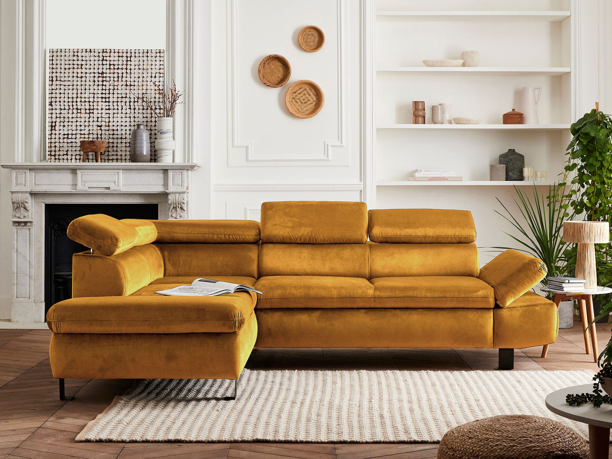 Nairobi - Canapé d'angle gauche convertible 5 places Velours Jaune - Vue supplémentaire 2
