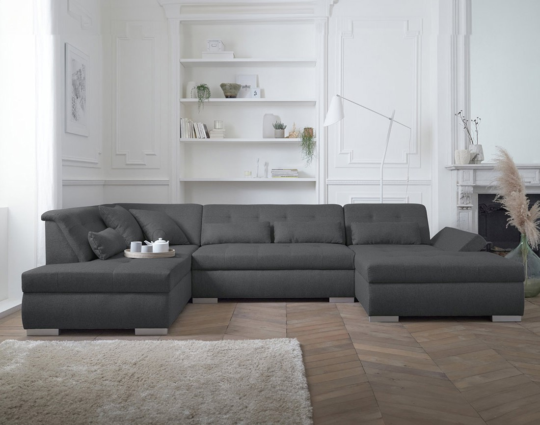 Canapé D'angle XXL Convertible 6/7 Places - 300x142x90 Cm, Tissu Velours, Avec Coffre De Rangement, Noir