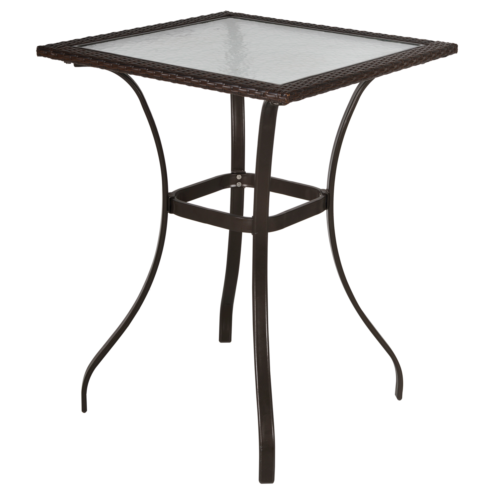 Table carrée bistro jardin métal résine chocolat plateau verre trempé