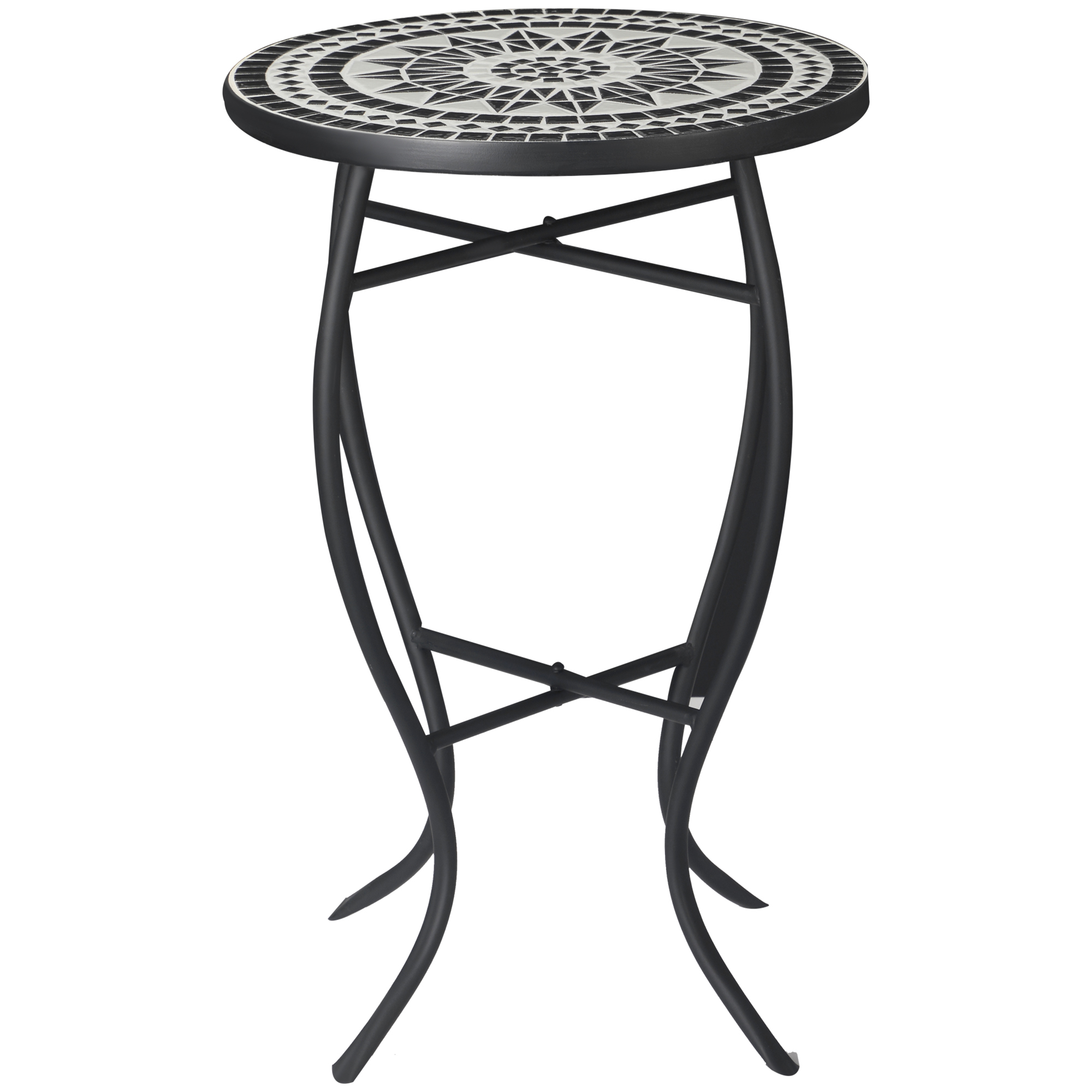 Table ronde style fer forgé plateau mosaïque céramique noir blanc