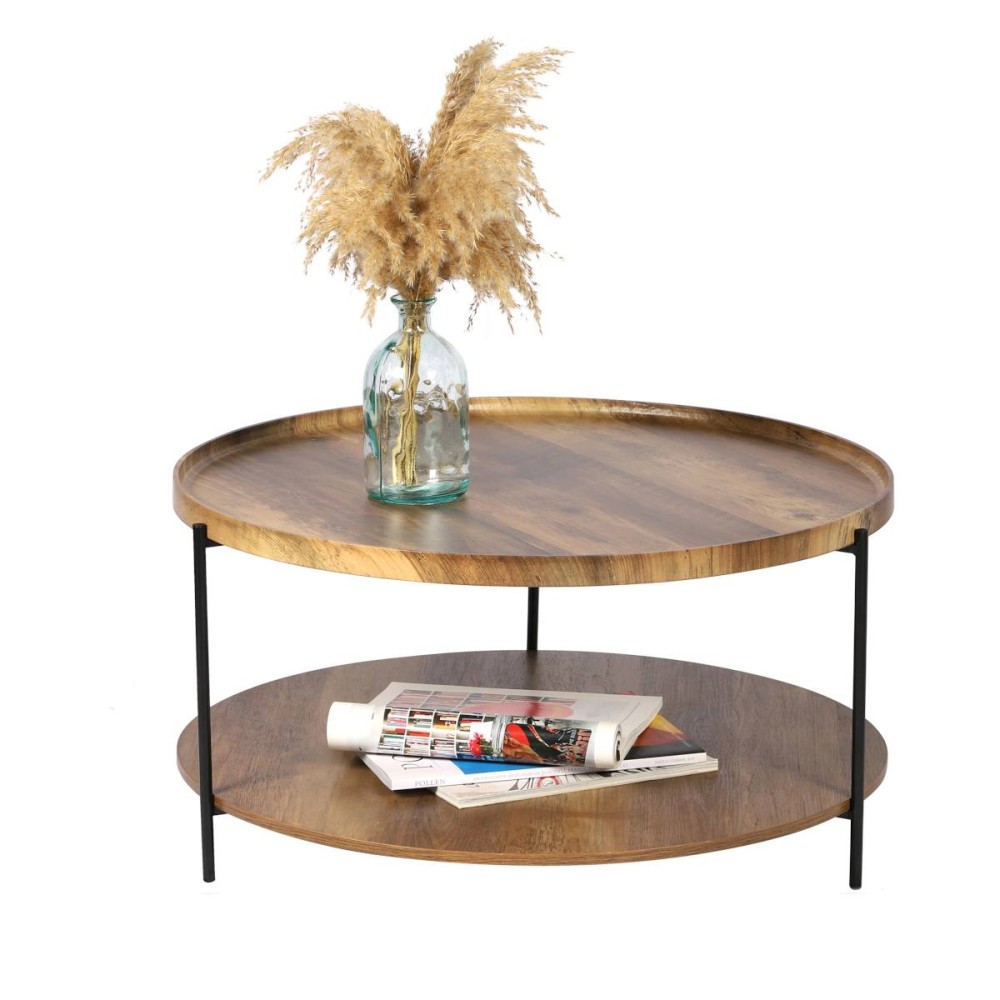 Table basse ronde en bois et métal noir – 76x76x39cm