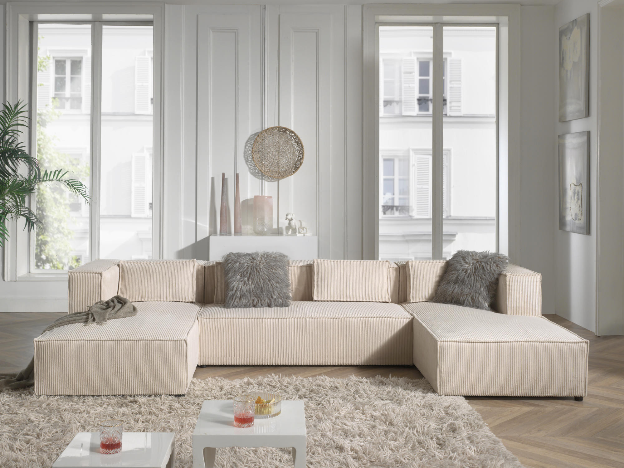 Canapé panoramique 7 places Velours côtelé Beige - Vue supplémentaire 2