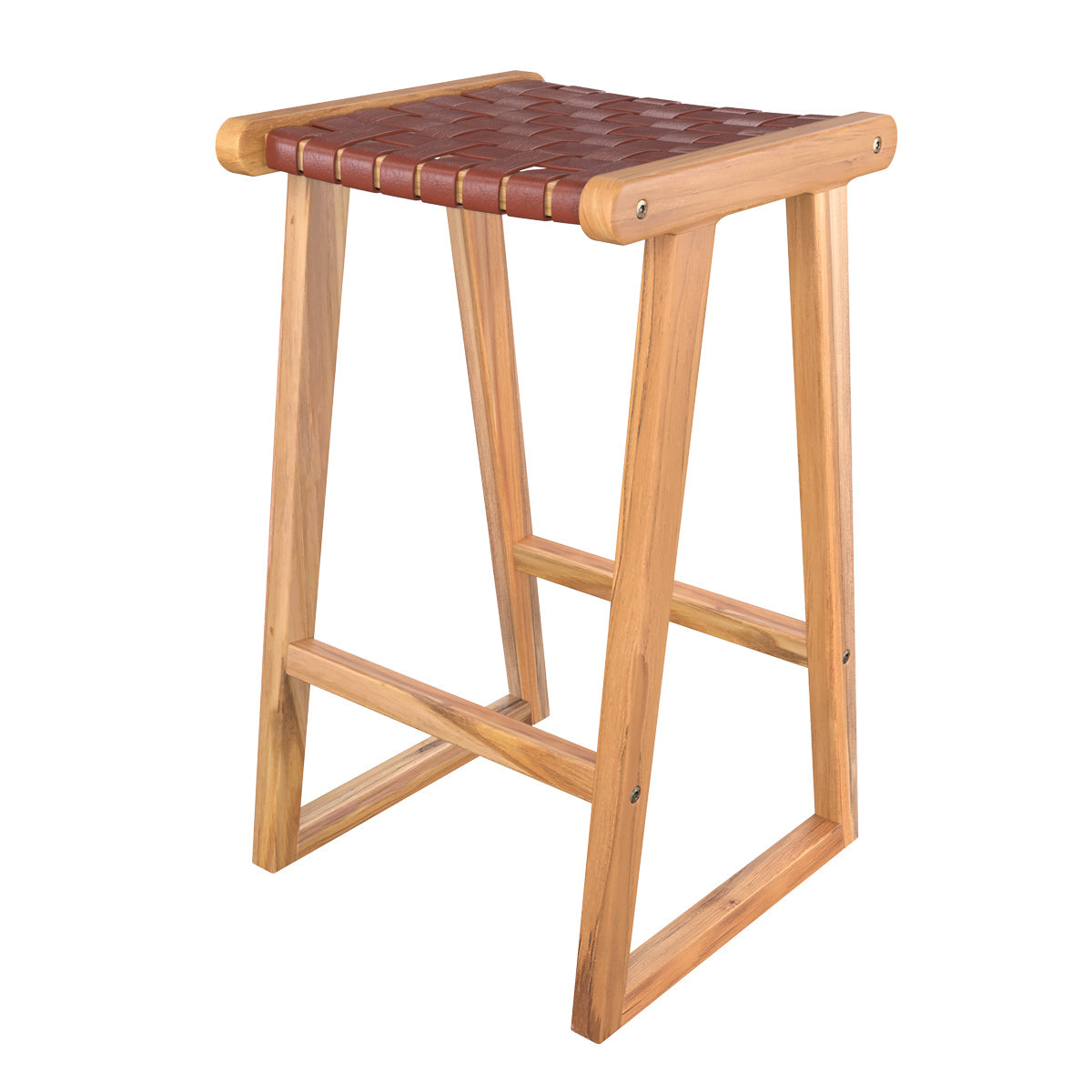 Tabouret pour îlot central 67 cm en teck et cuir tressé marron